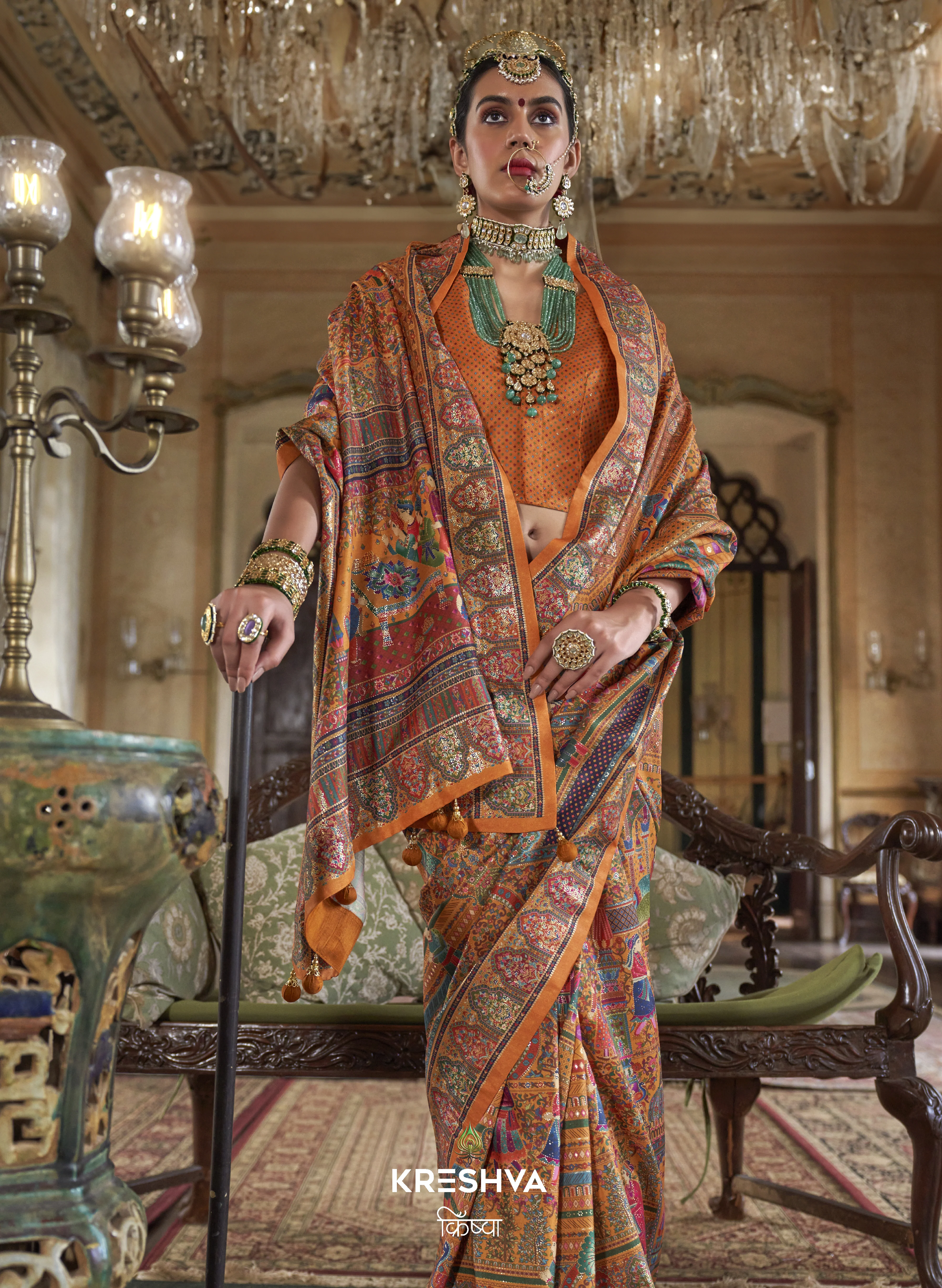 Mustard Gold Heritage Pashmina Inspired Designer Saree with Royal Multicolour Border - Image 2