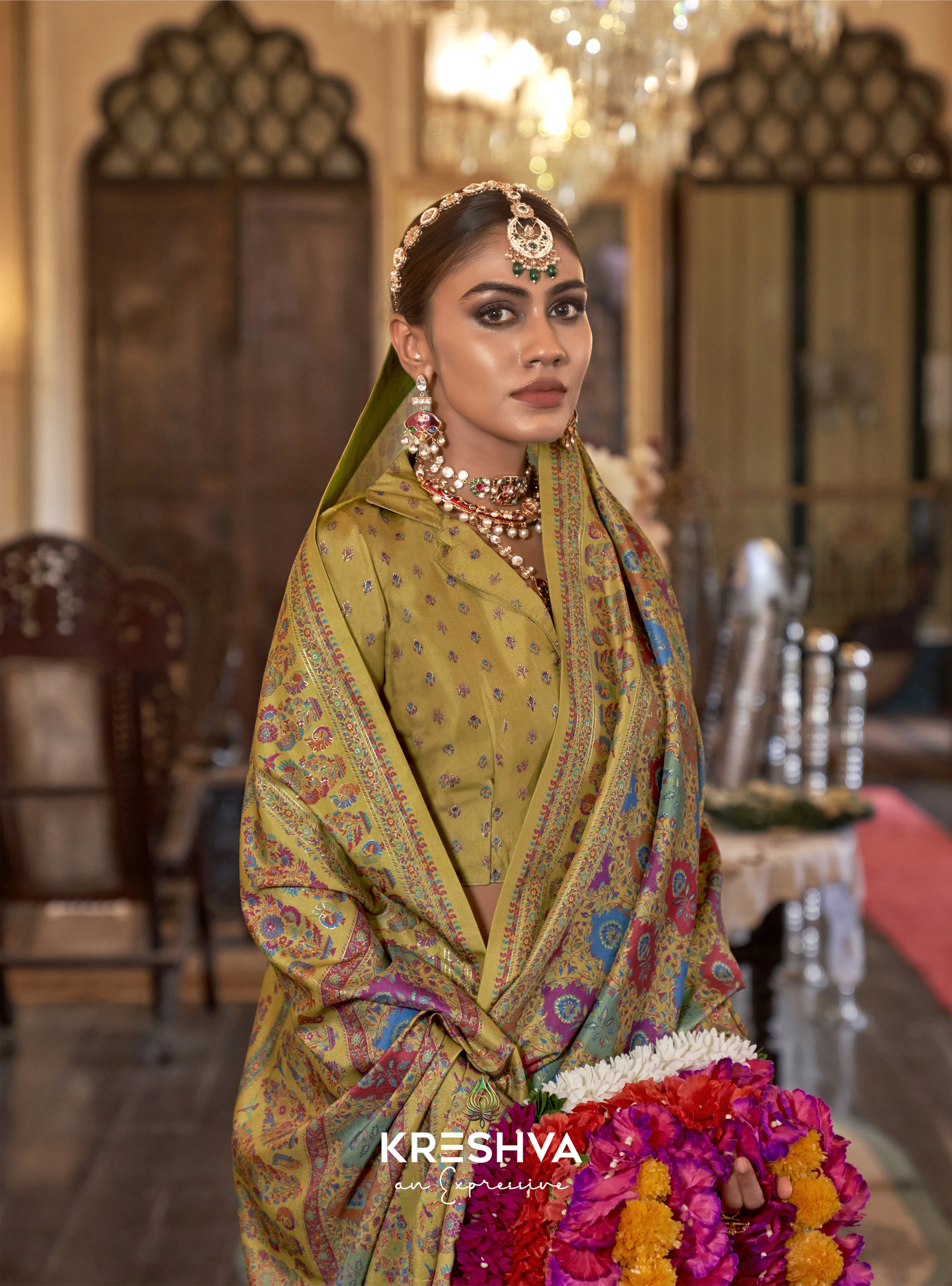 Mustard Green Pashmina Inspired Heritage Designer Saree - Image 2
