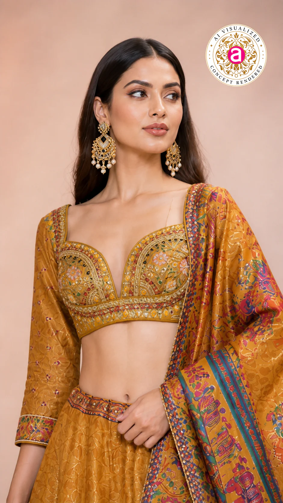 Mustard Heritage Print Lehenga Set with Embroidered Blouse & Statement Dupatta - Image 2