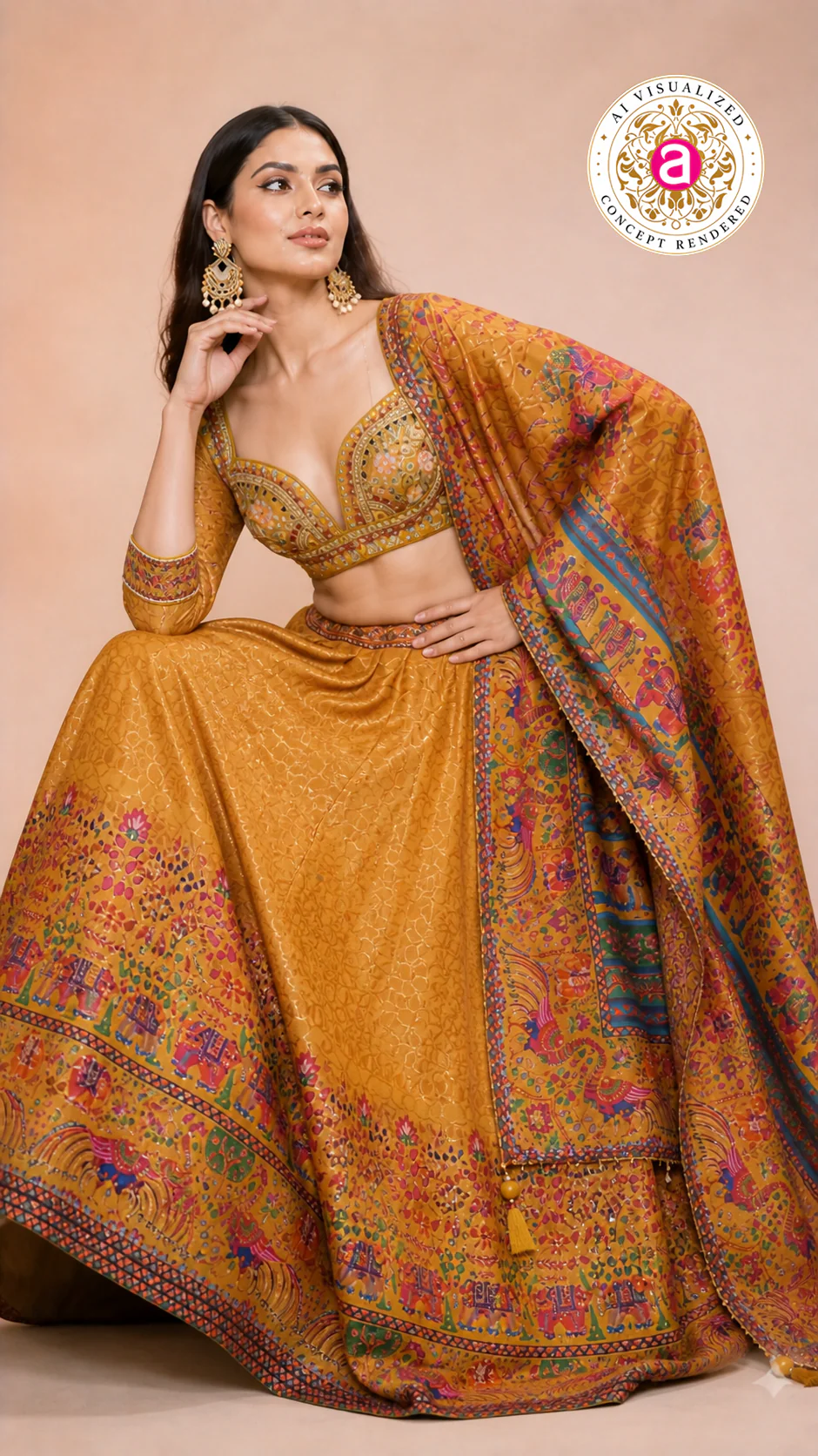Mustard Heritage Print Lehenga Set with Embroidered Blouse & Statement Dupatta - Image 3