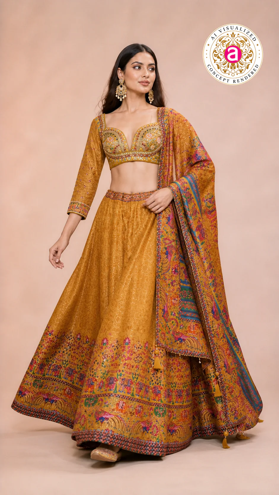 Mustard Heritage Print Lehenga Set with Embroidered Blouse & Statement Dupatta - Image 4