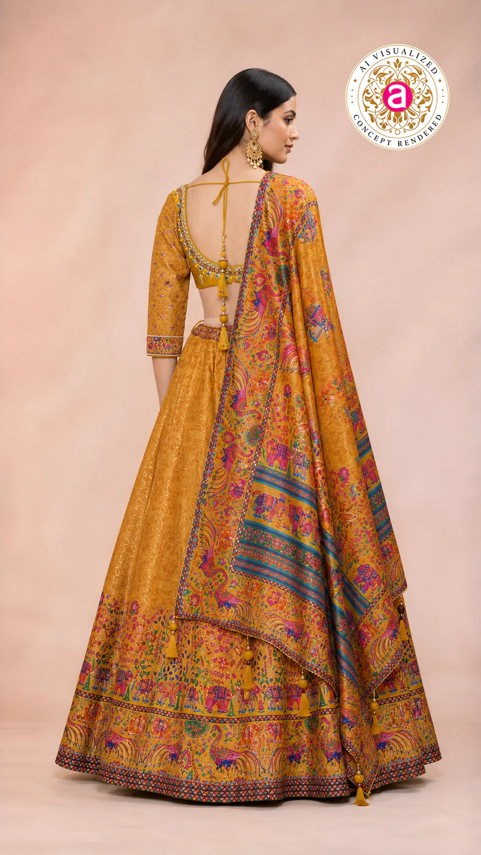 Mustard Heritage Print Lehenga Set with Embroidered Blouse & Statement Dupatta - Image 5