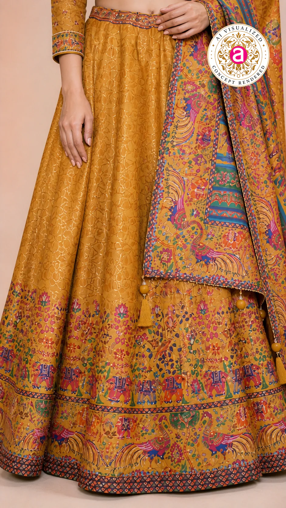 Mustard Heritage Print Lehenga Set with Embroidered Blouse & Statement Dupatta - Image 6