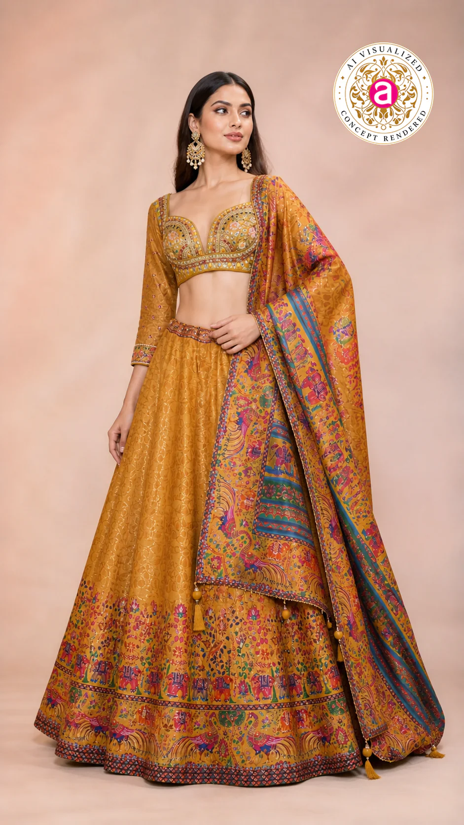 Mustard Heritage Print Lehenga Set with Embroidered Blouse & Statement Dupatta - Image 7