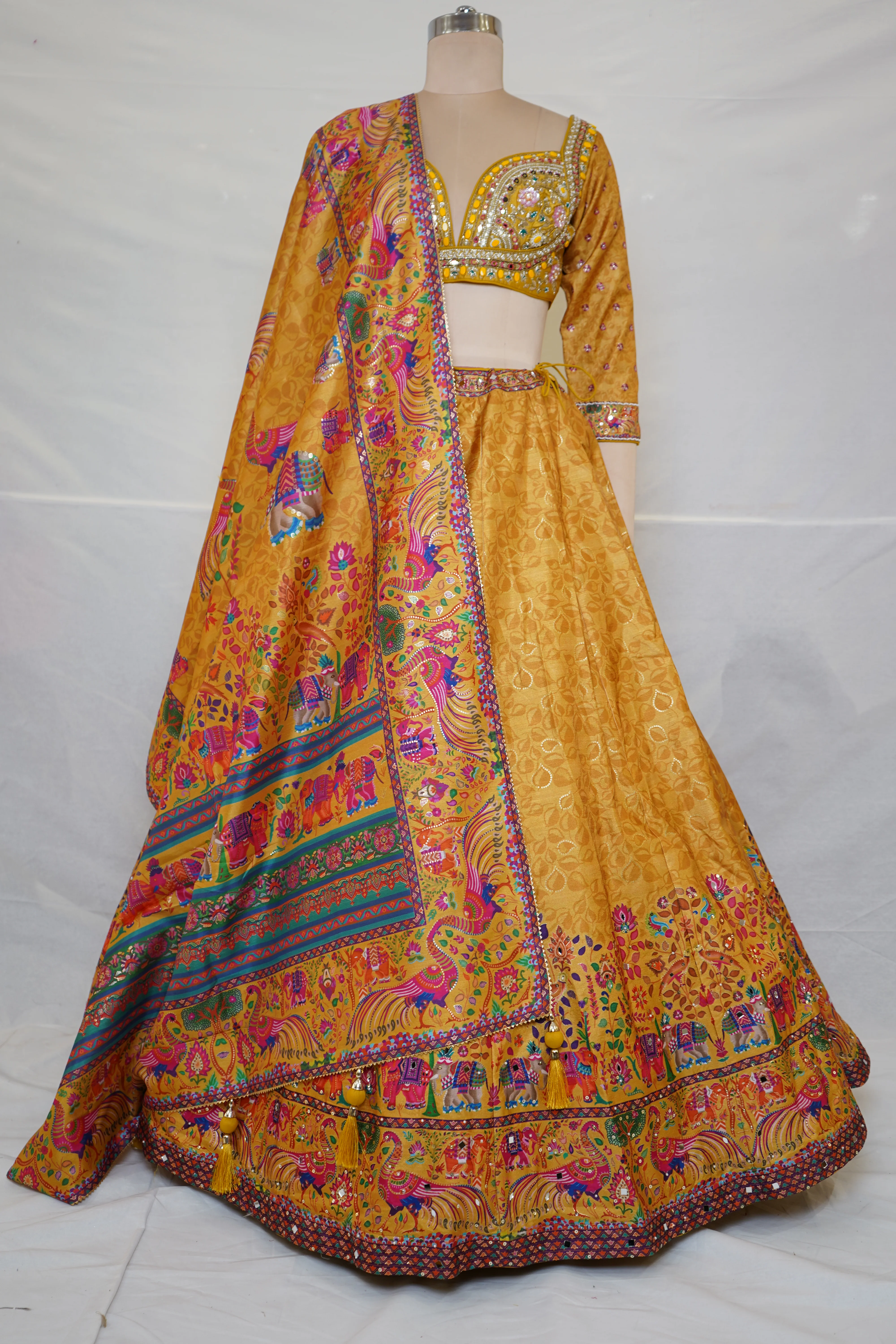 Mustard Heritage Print Lehenga Set with Embroidered Blouse & Statement Dupatta - Image 9