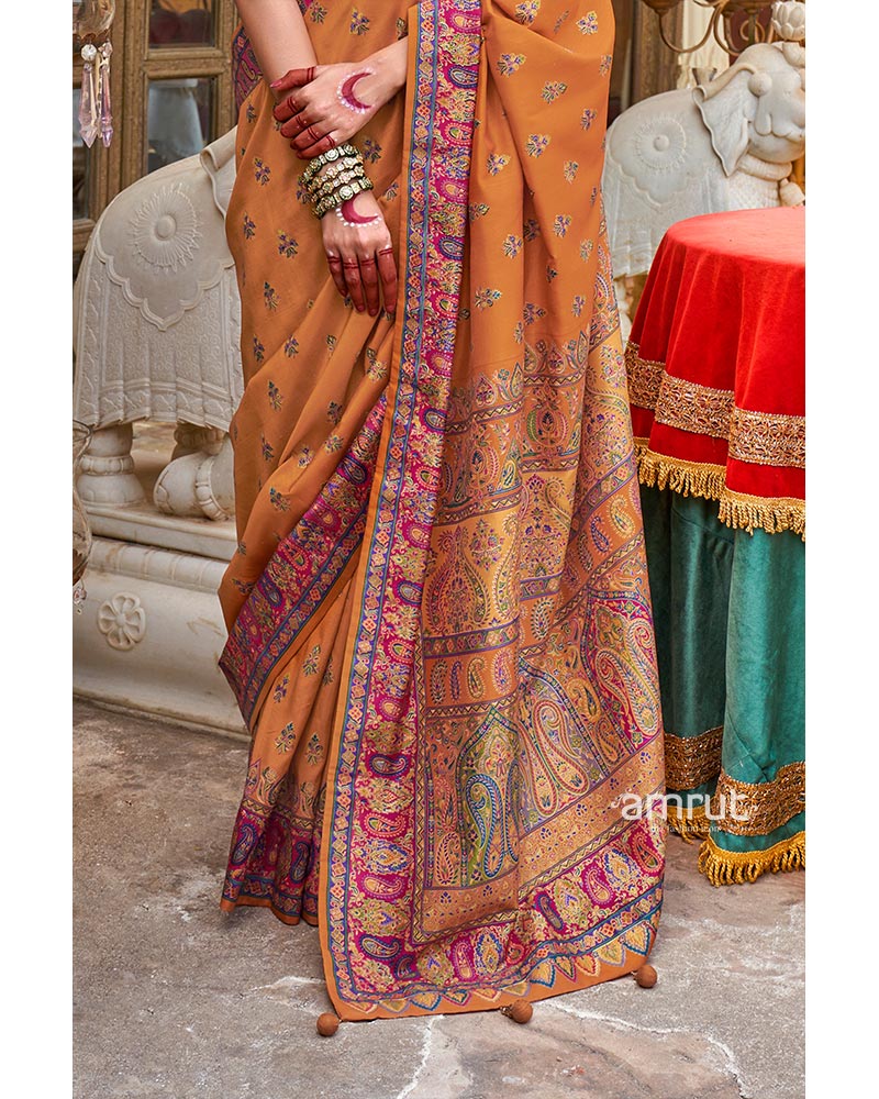 Mustard Orange Pashmina Silk Saree Embellished Traditional Buti Design and Border with Unstitched Blouse - Image 3