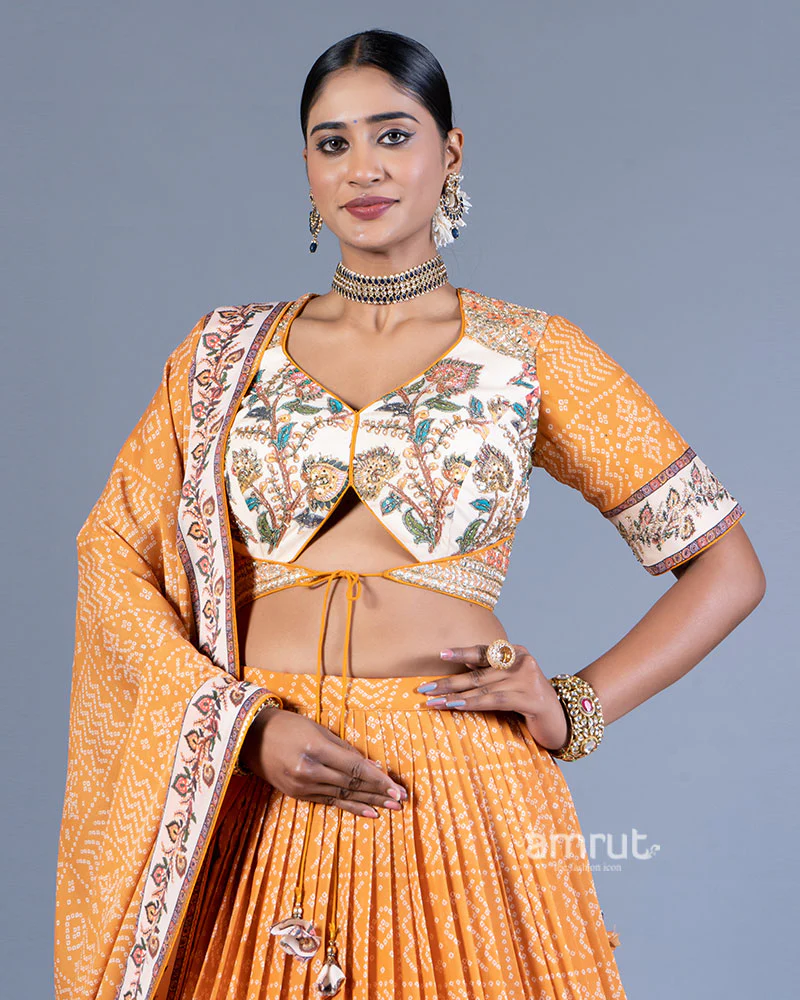 Mustard Orange Pleated Lehenga with Embroidered Cream Choli and Dupatta - Image 2