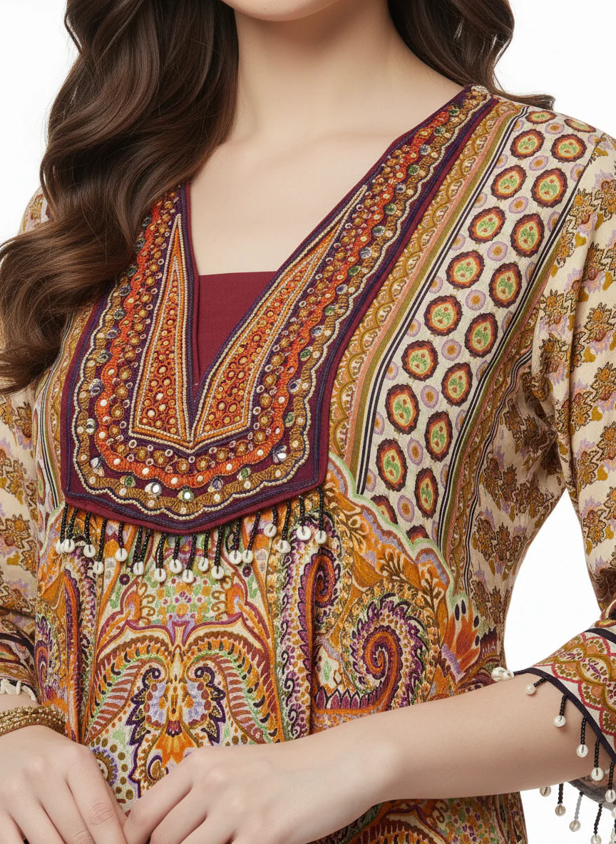 Mustard Printed Indo-Western Asymmetrical Kurta with Maroon Dhoti Pants & Tassel Detailing - Image 2