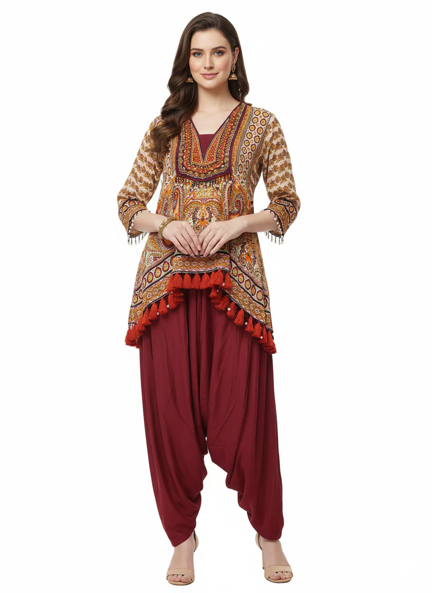 Mustard Printed Indo-Western Asymmetrical Kurta with Maroon Dhoti Pants & Tassel Detailing - Image 3