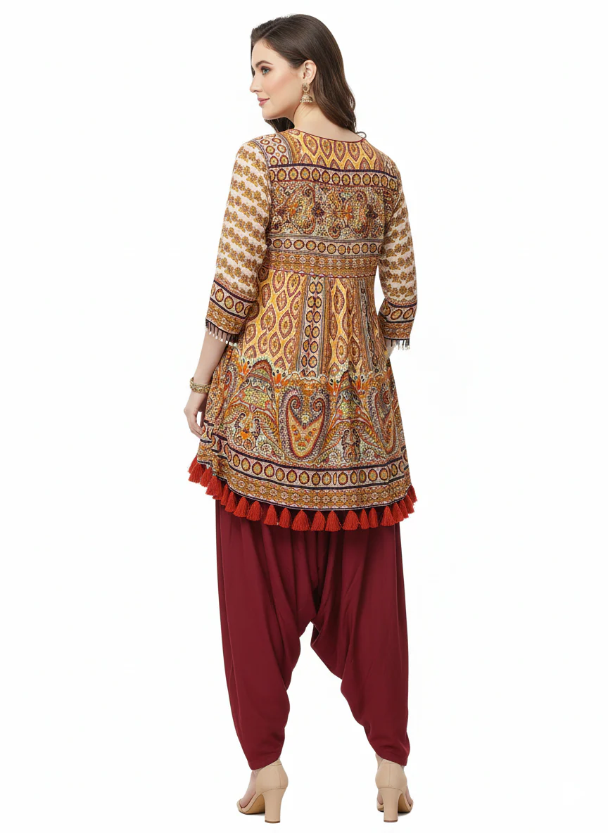 Mustard Printed Indo-Western Asymmetrical Kurta with Maroon Dhoti Pants & Tassel Detailing - Image 4