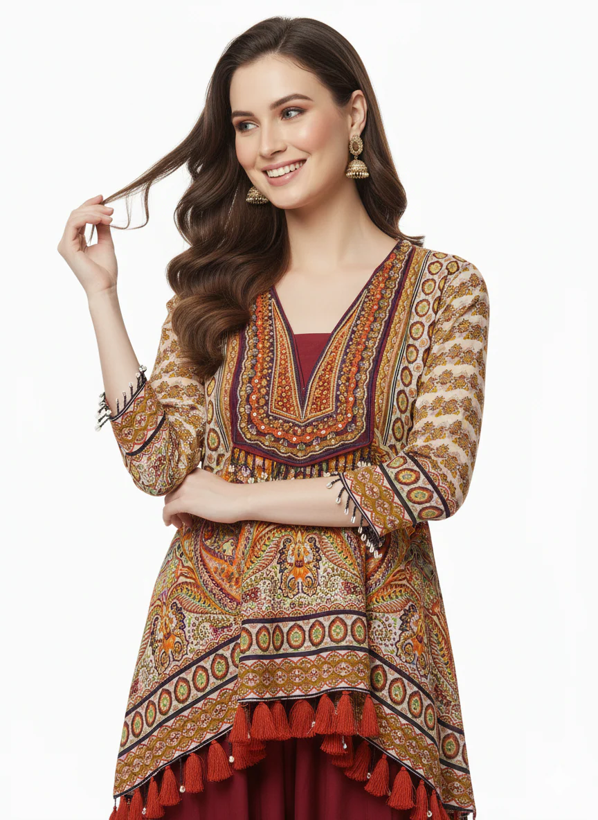 Mustard Printed Indo-Western Asymmetrical Kurta with Maroon Dhoti Pants & Tassel Detailing - Image 5