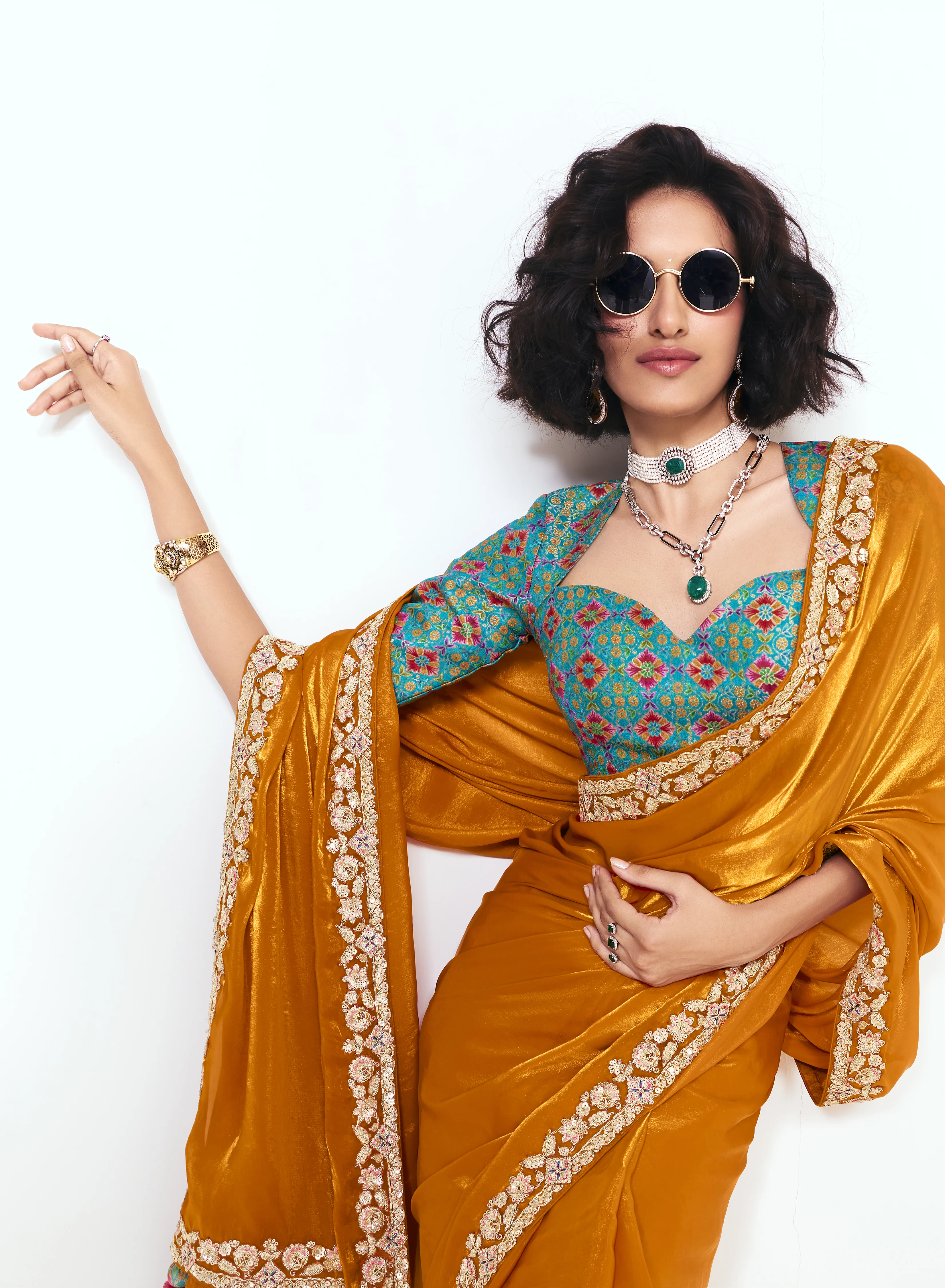 Mustard Satin Saree with Embroidered Border & Designer Blouse - Image 2