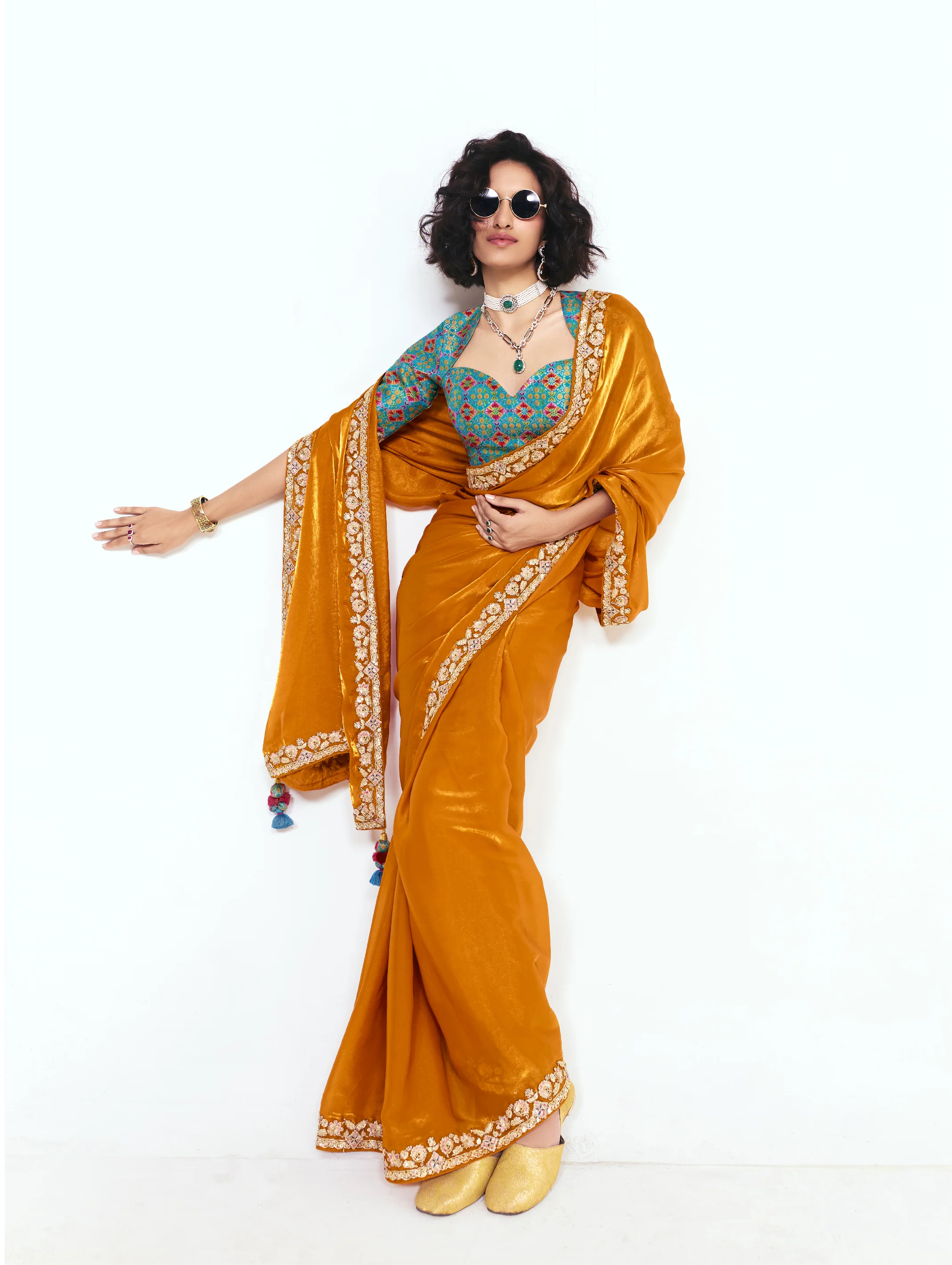 Mustard Satin Saree with Embroidered Border & Designer Blouse - Image 3