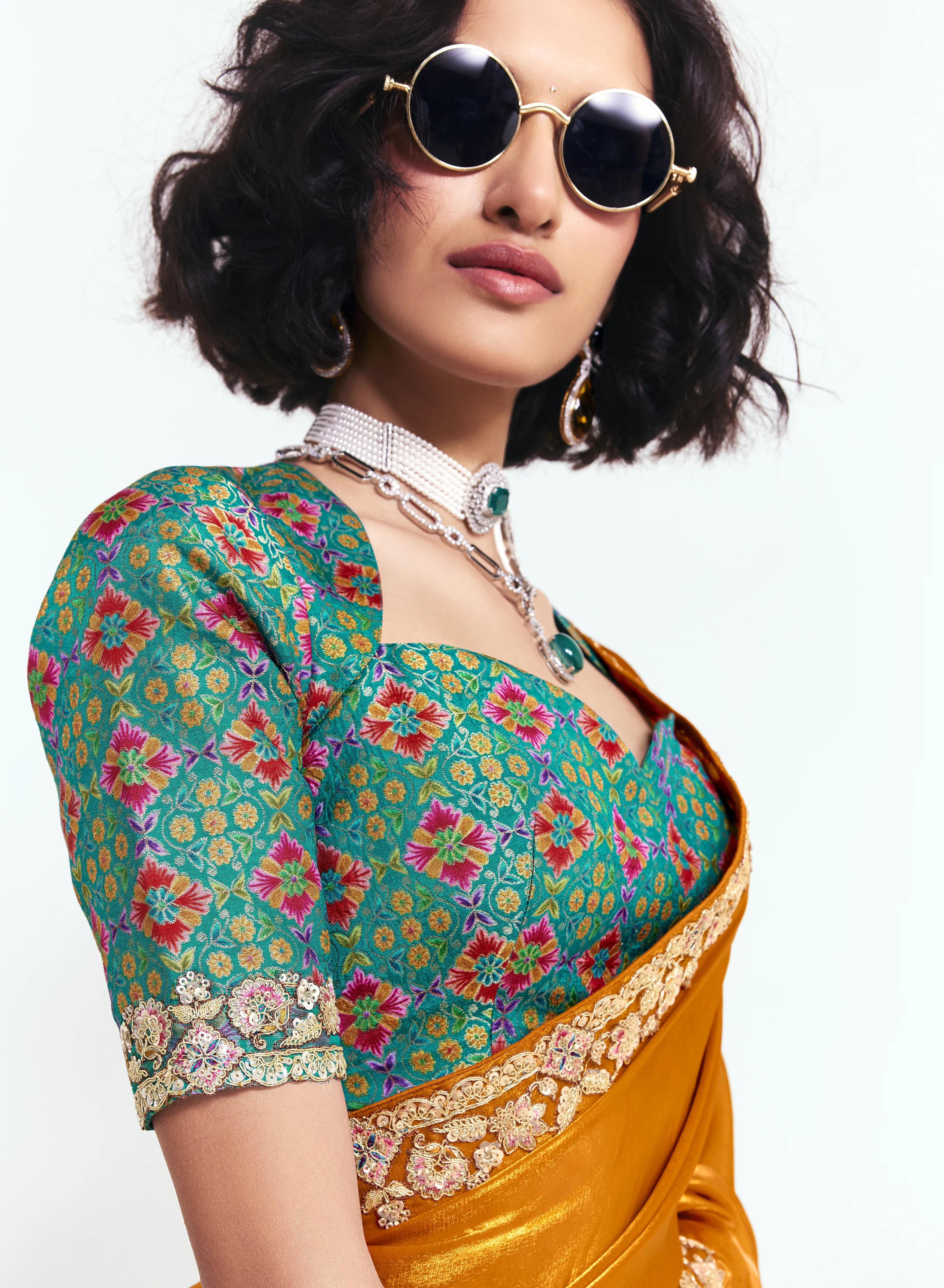 Mustard Satin Saree with Embroidered Border & Designer Blouse - Image 4
