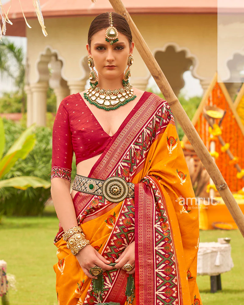 Mustard Yellow and Red Printed Patola Silk Saree with Zari Border and Unstitched Blouse - Image 2