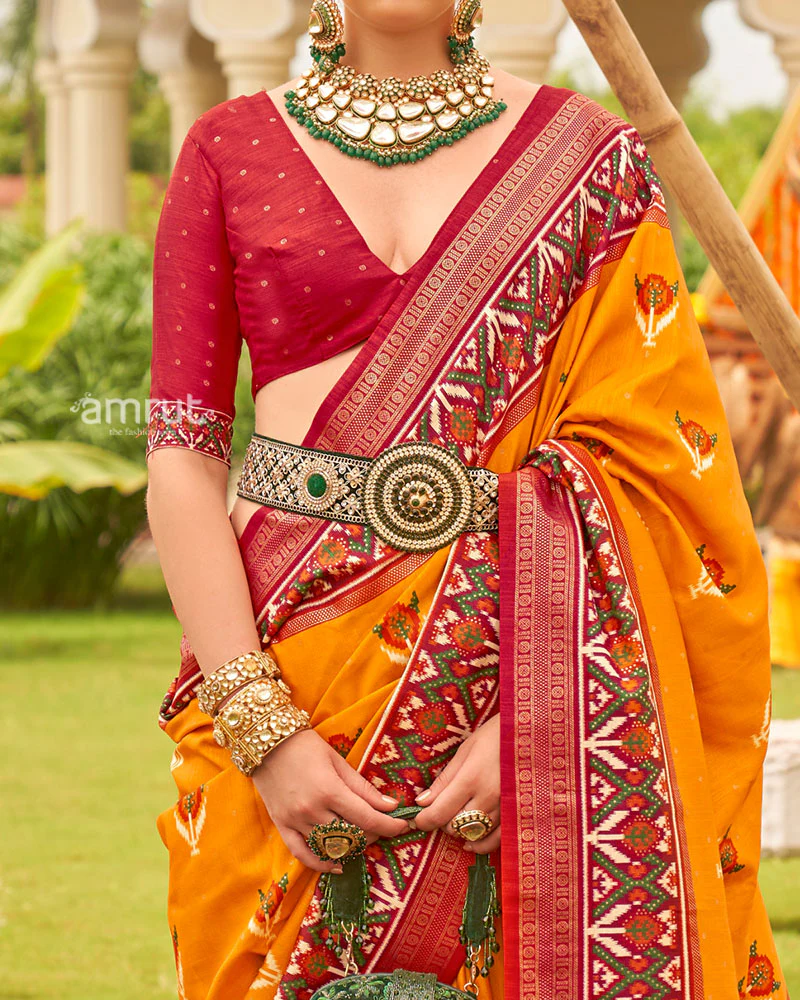 Mustard Yellow and Red Printed Patola Silk Saree with Zari Border and Unstitched Blouse - Image 3