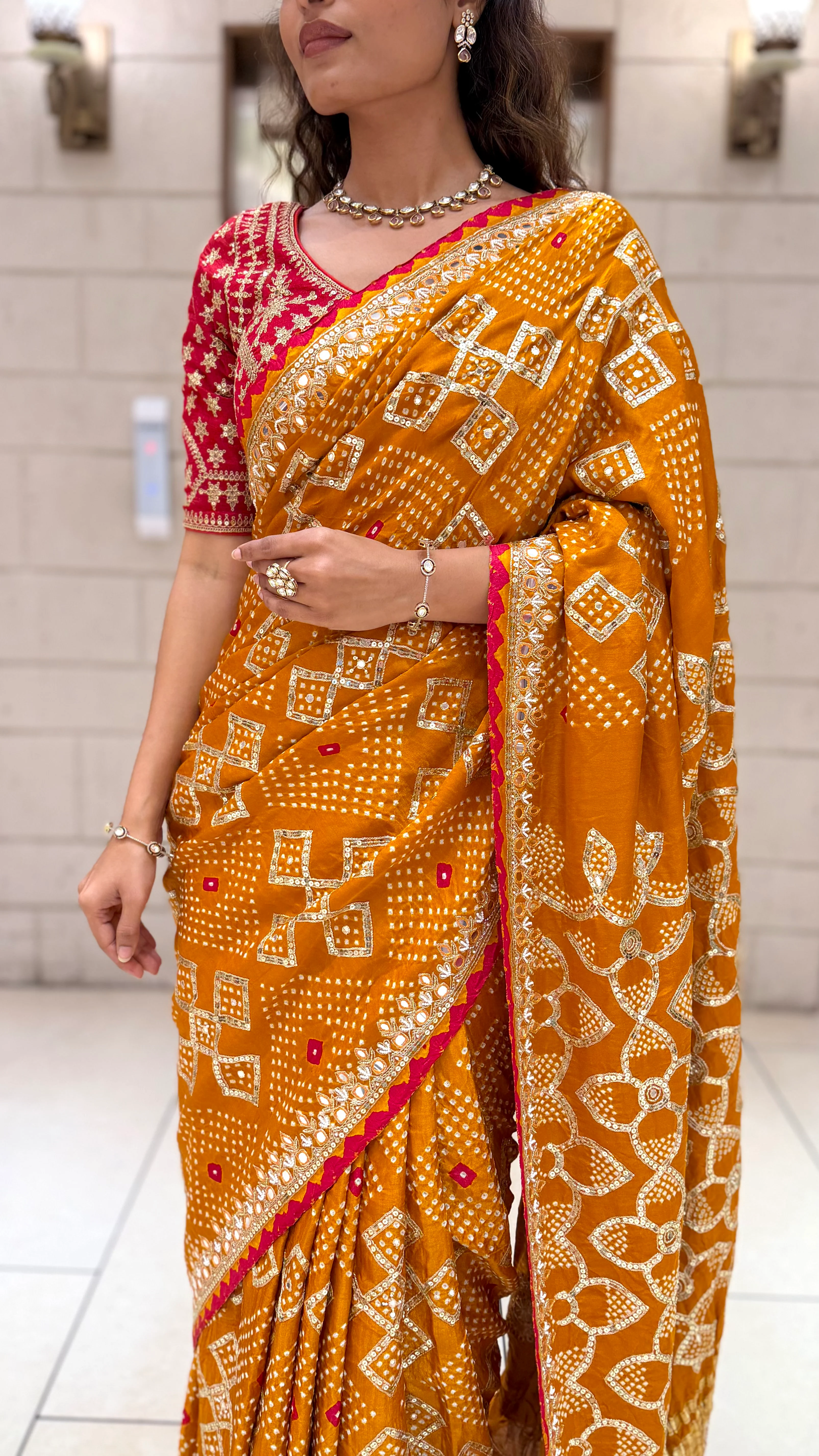 Mustard Yellow Bandhani Designer Saree with Mirror Work Border & Blouse - Image 2