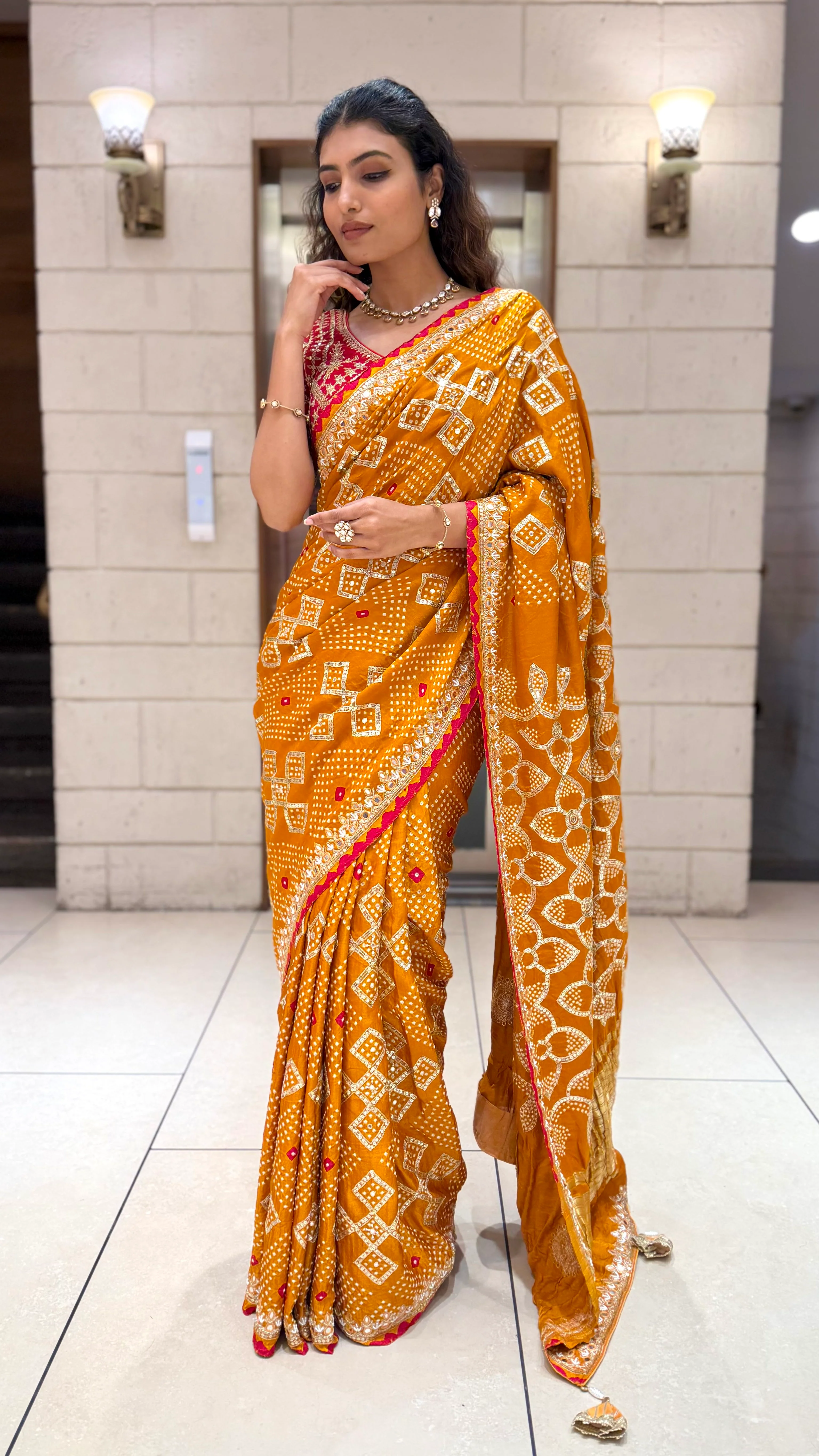 Mustard Yellow Bandhani Designer Saree with Mirror Work Border & Blouse - Image 3