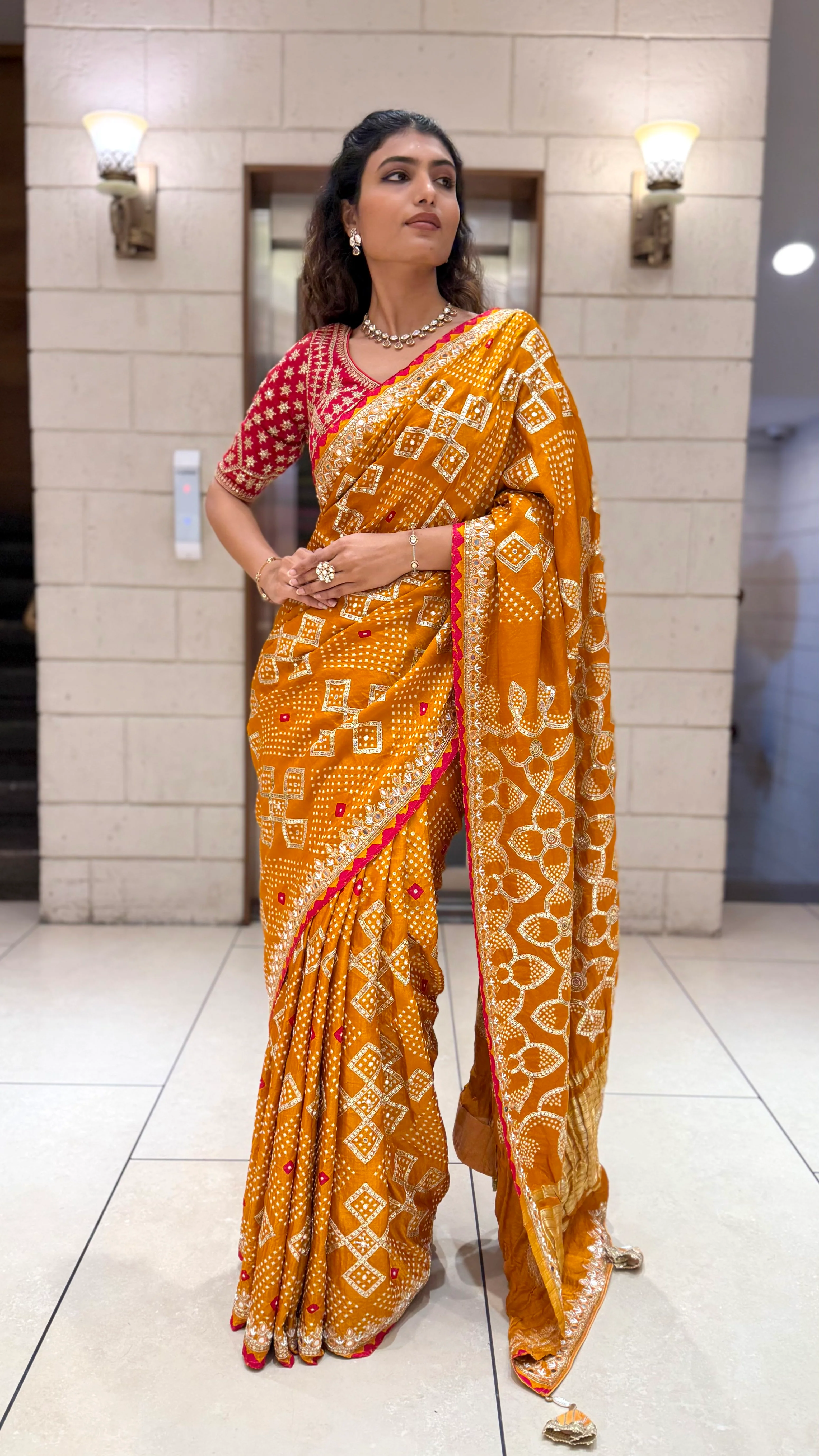 Mustard Yellow Bandhani Designer Saree with Mirror Work Border & Blouse - Image 4
