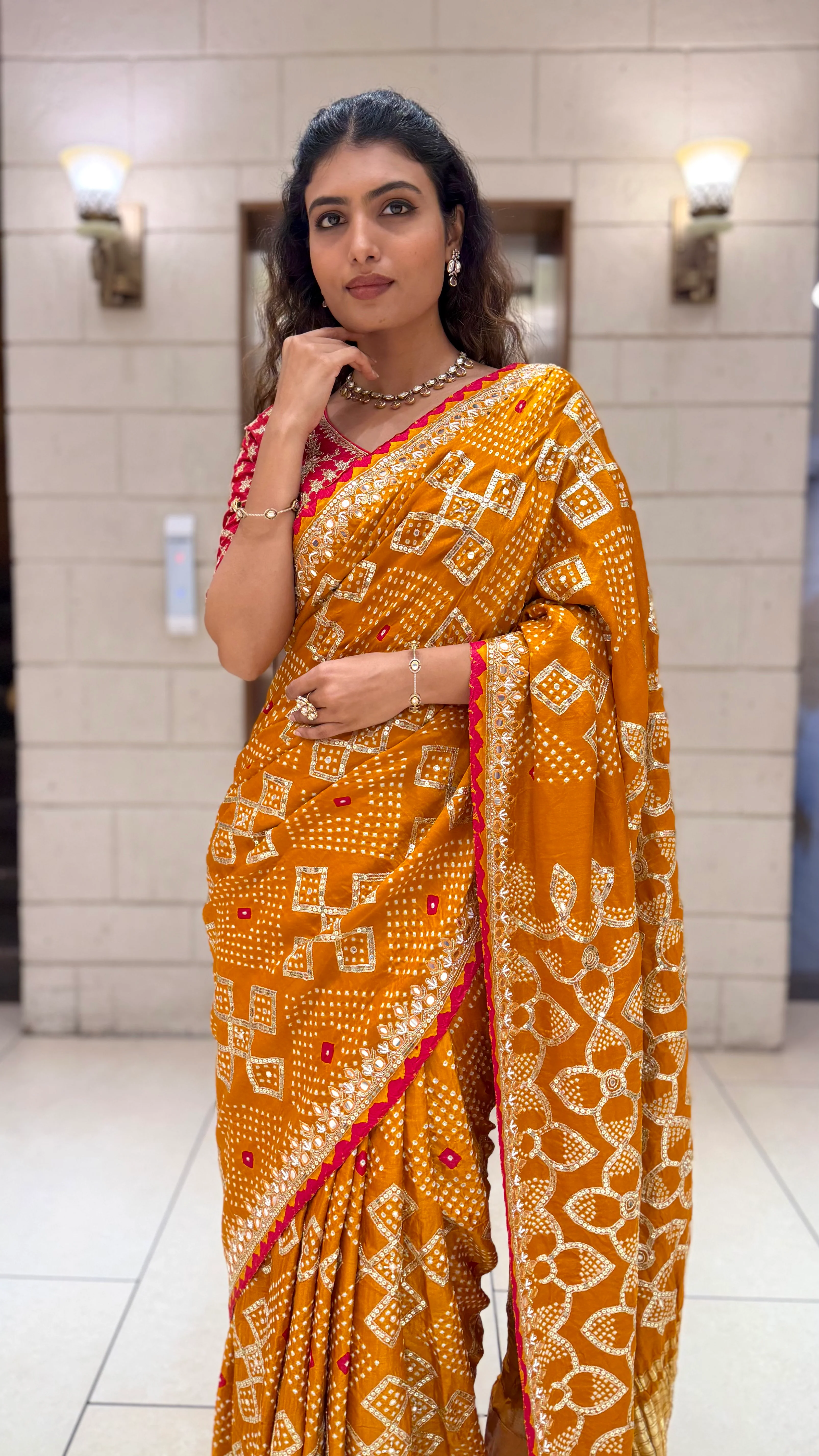 Mustard Yellow Bandhani Designer Saree with Mirror Work Border & Blouse - Image 5