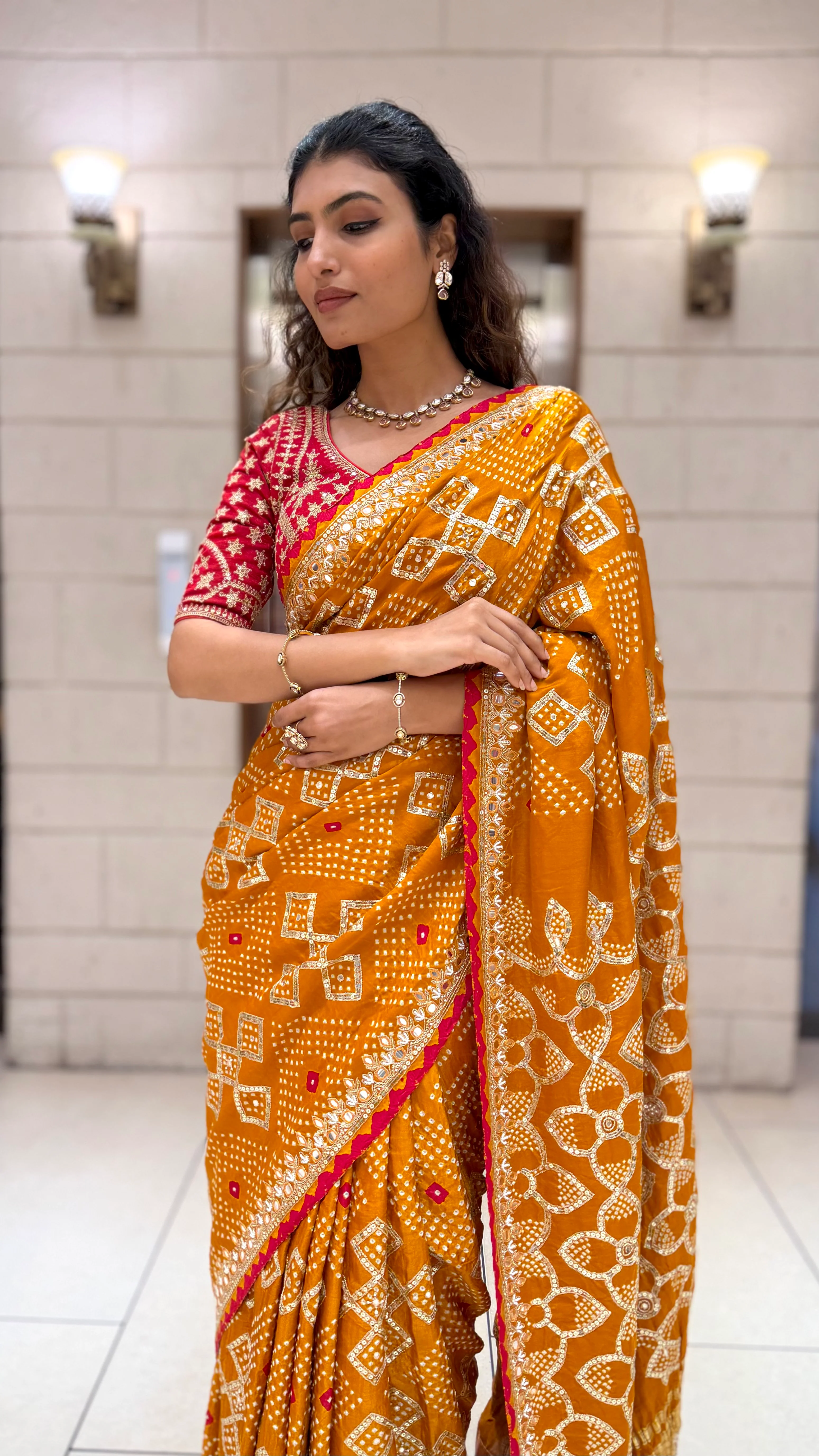 Mustard Yellow Bandhani Designer Saree with Mirror Work Border & Blouse - Image 6