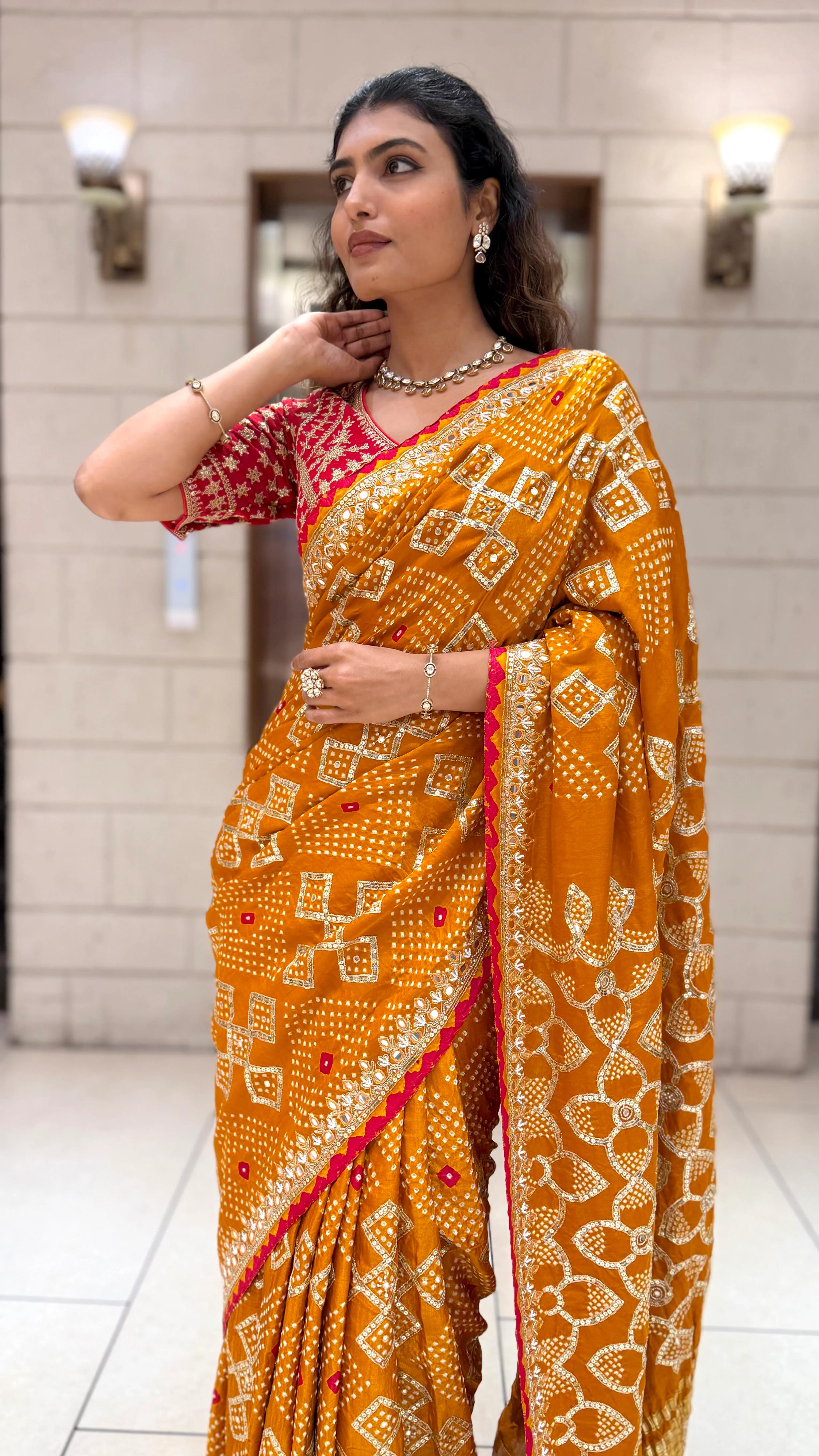 Mustard Yellow Bandhani Designer Saree with Mirror Work Border & Blouse - Image 7