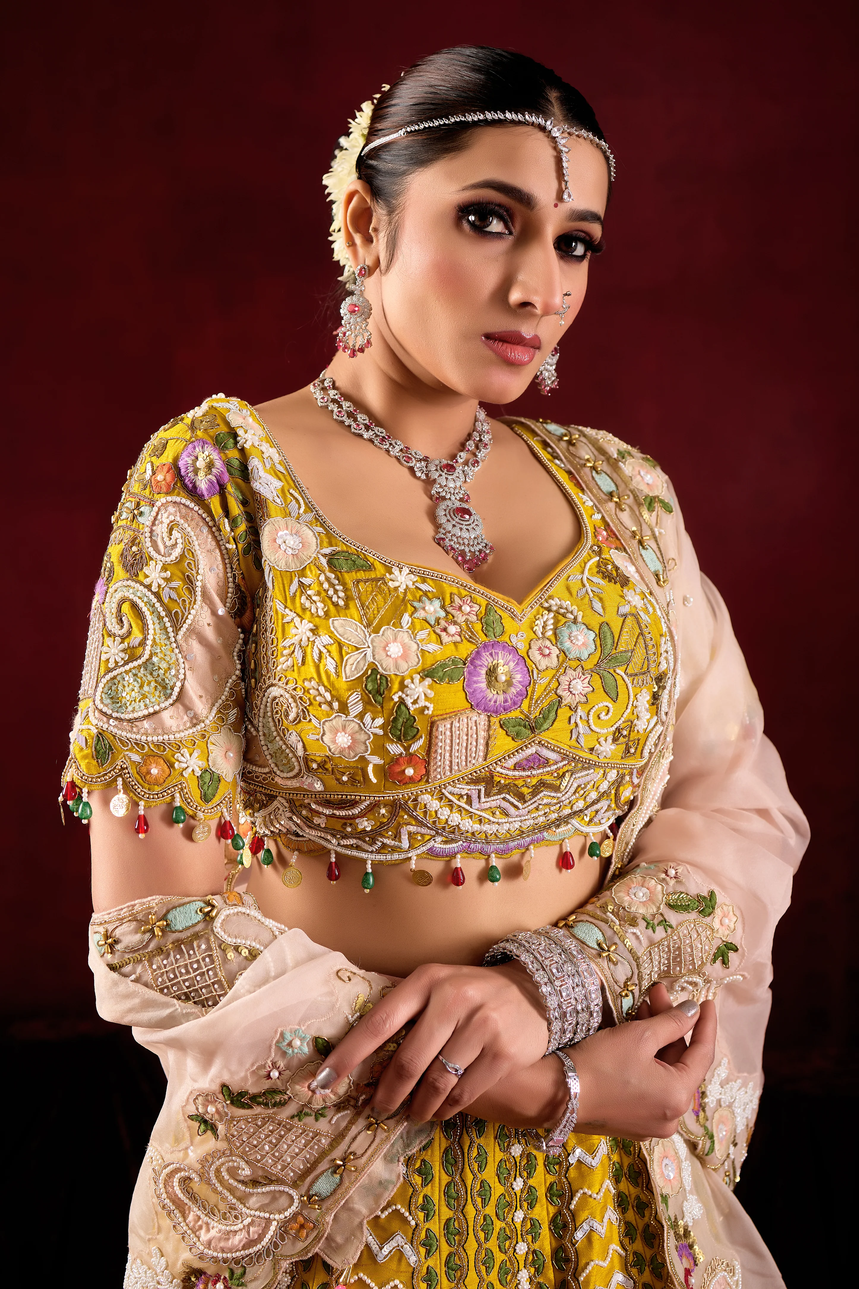 Mustard Yellow Bridal Lehenga Set with Embroidered Dupatta - Image 2
