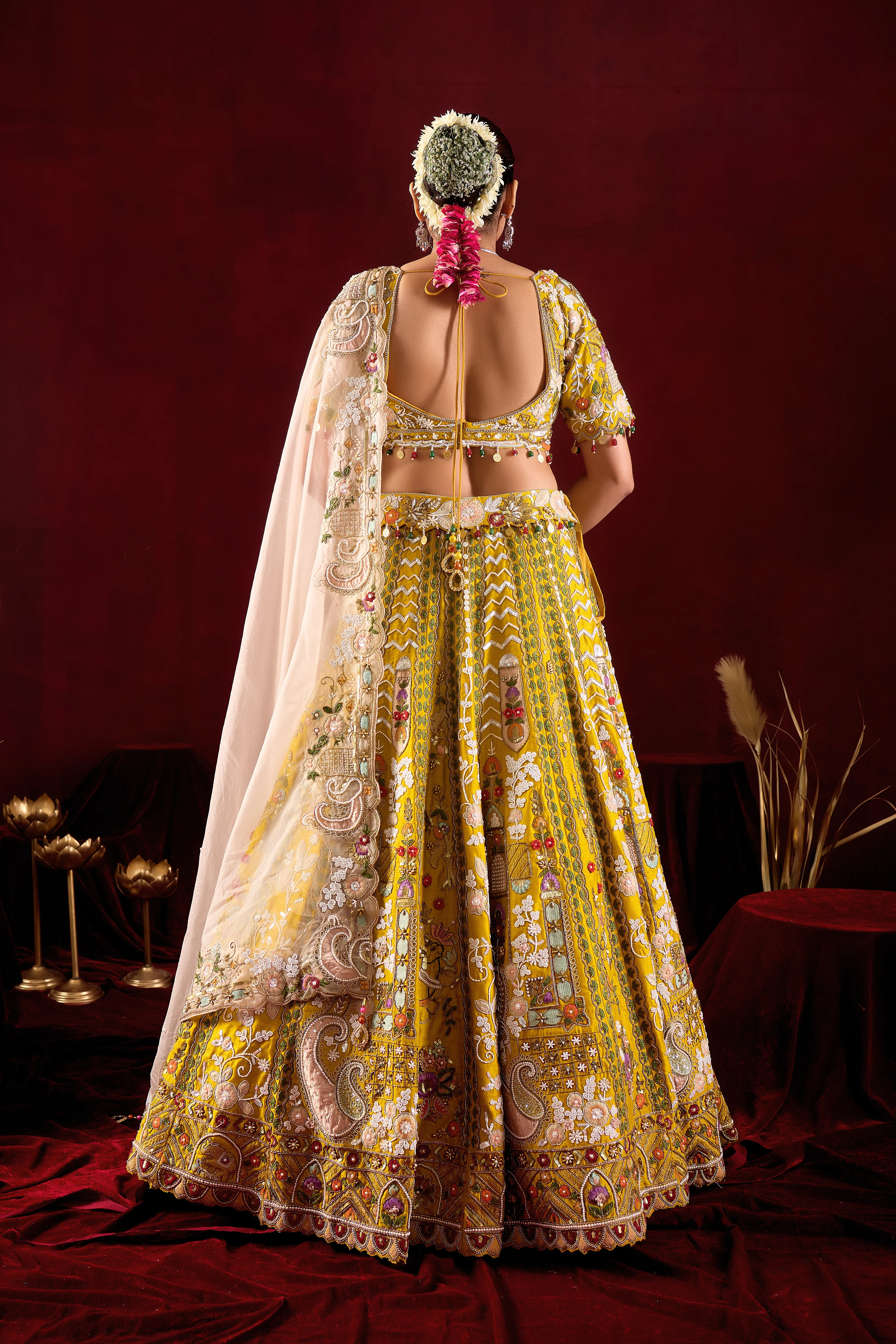 Mustard Yellow Bridal Lehenga Set with Embroidered Dupatta - Image 3