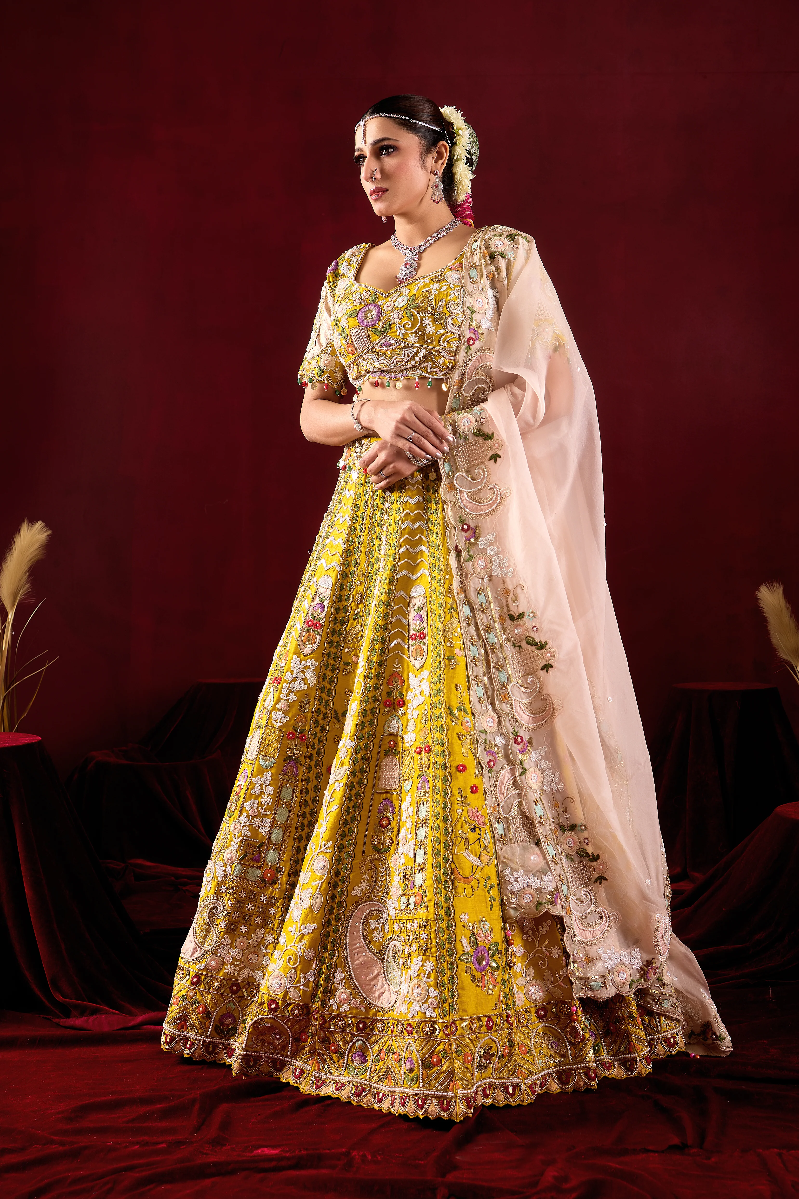 Mustard Yellow Bridal Lehenga Set with Embroidered Dupatta - Image 4