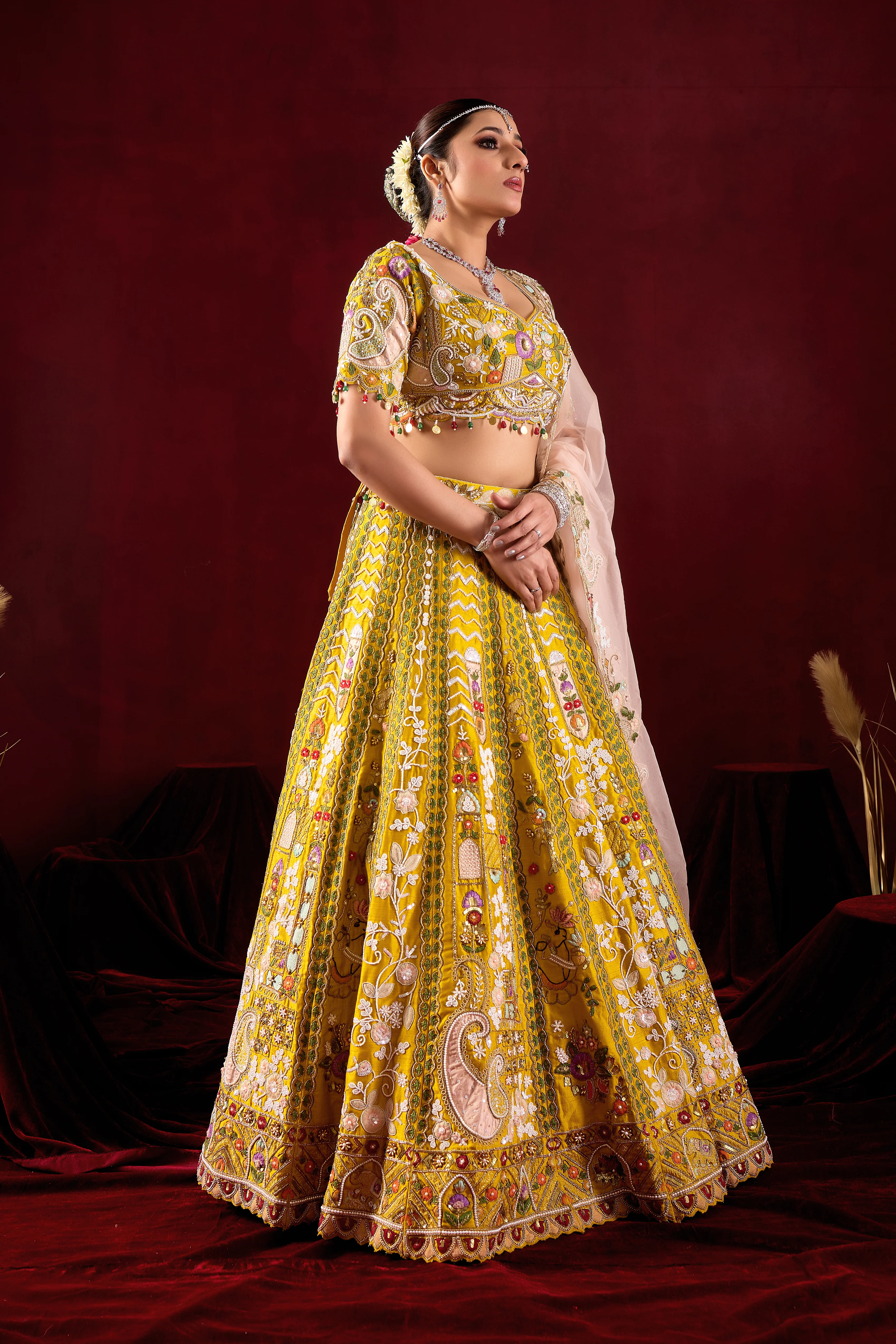 Mustard Yellow Bridal Lehenga Set with Embroidered Dupatta - Image 5