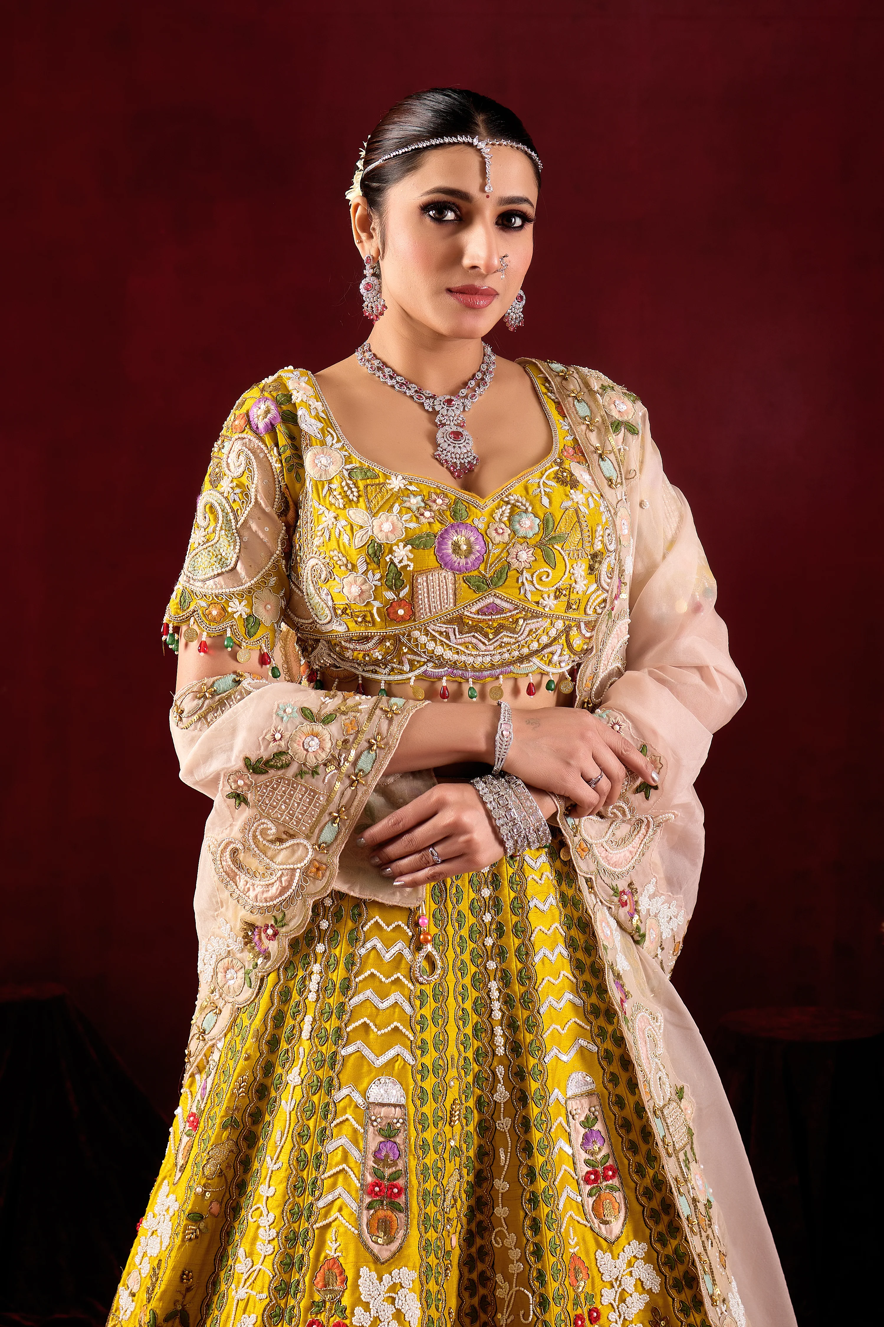 Mustard Yellow Bridal Lehenga Set with Embroidered Dupatta - Image 6