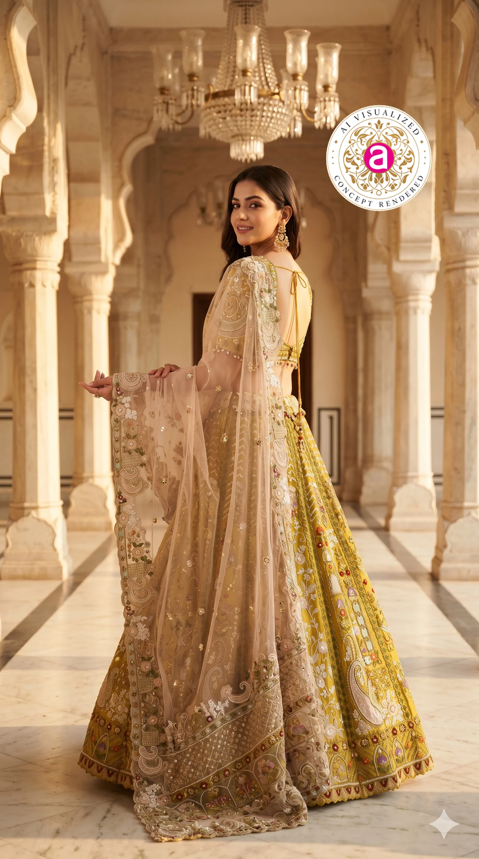 Mustard Yellow Designer Lehenga Set with Embroidered Blouse and Net Dupatta - Image 2