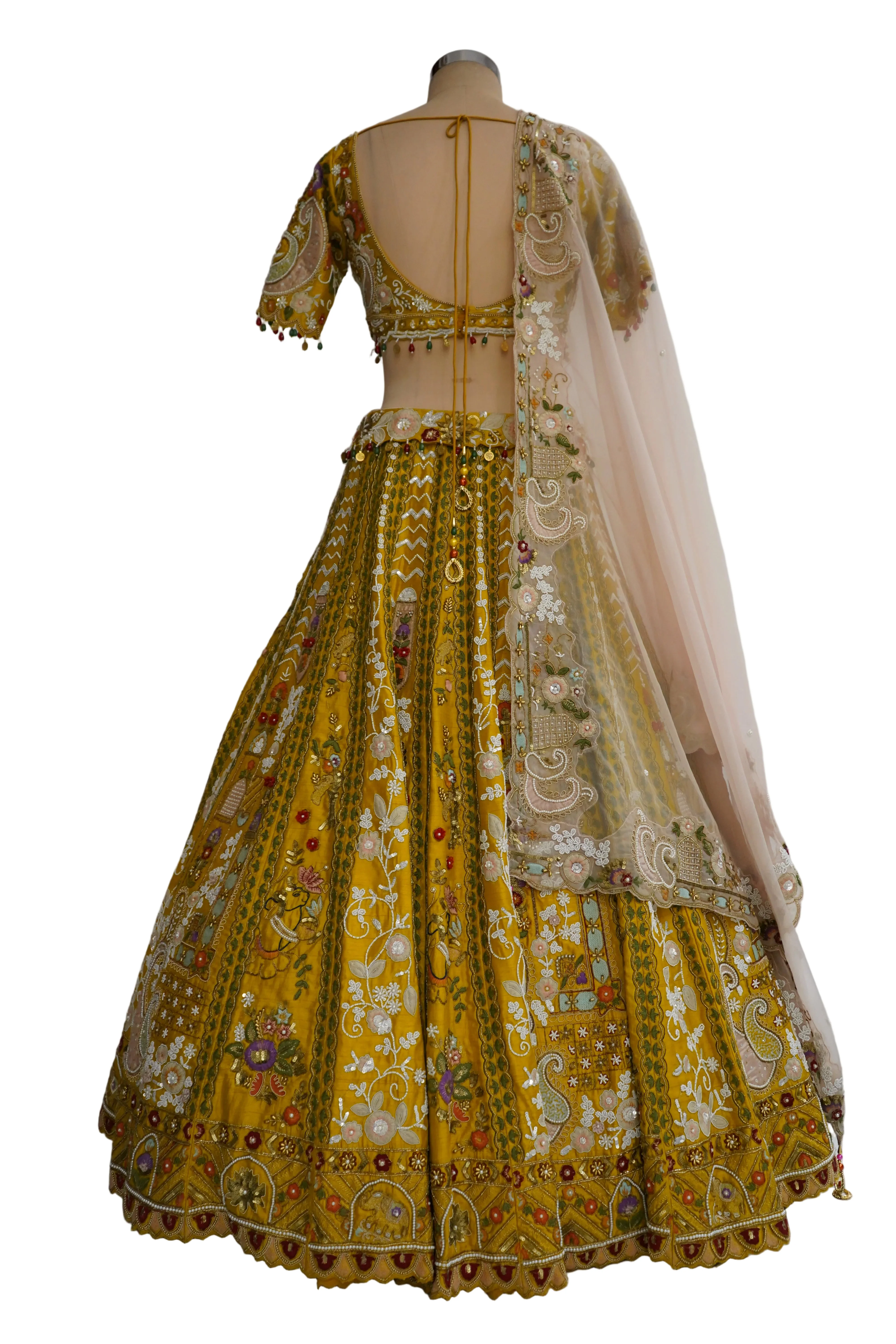 Mustard Yellow Designer Lehenga Set with Embroidered Blouse and Net Dupatta - Image 6