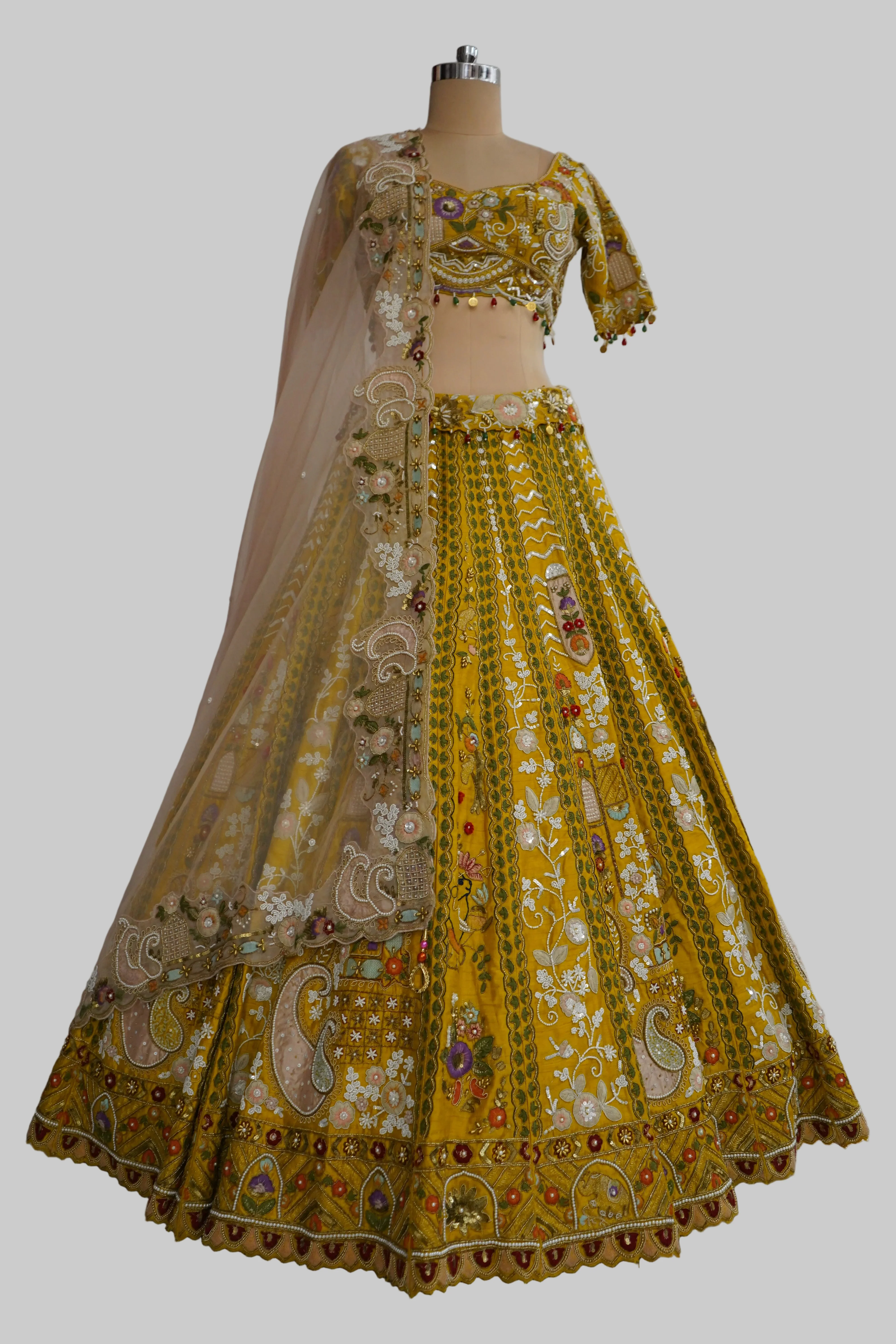Mustard Yellow Designer Lehenga Set with Embroidered Blouse and Net Dupatta - Image 7