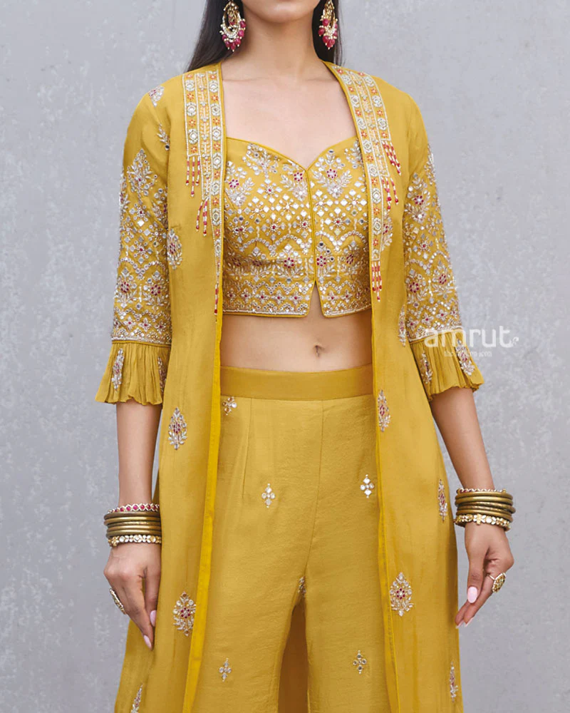 Mustard Yellow Embroidered Co-Ord Set with Long Jacket - Image 3