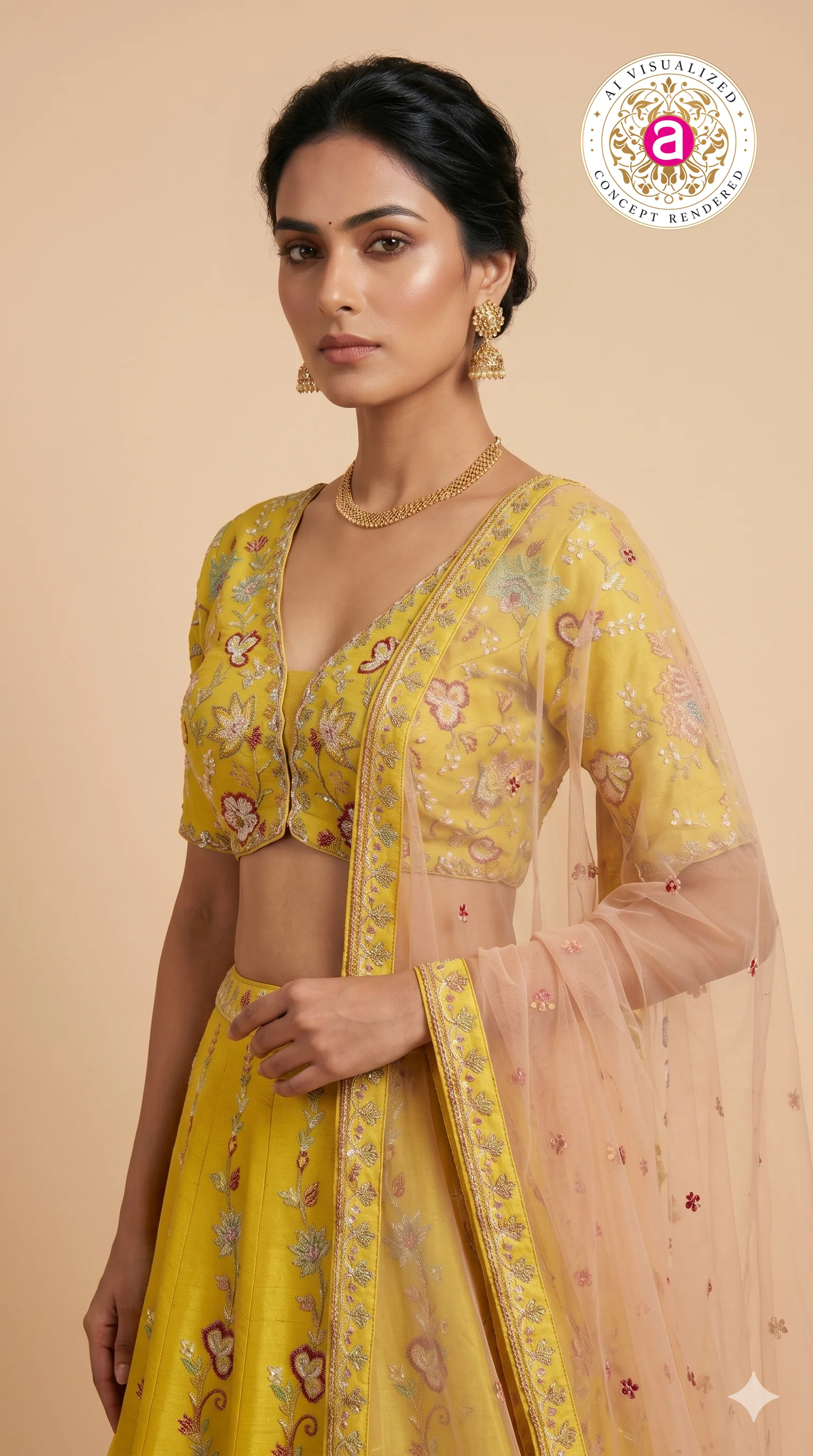 Mustard Yellow Floral Embroidered Designer Lehenga Choli with Net Dupatta - Image 2