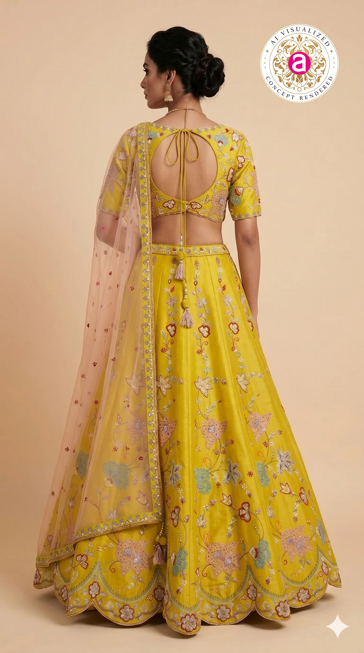 Mustard Yellow Floral Embroidered Designer Lehenga Choli with Net Dupatta - Image 3