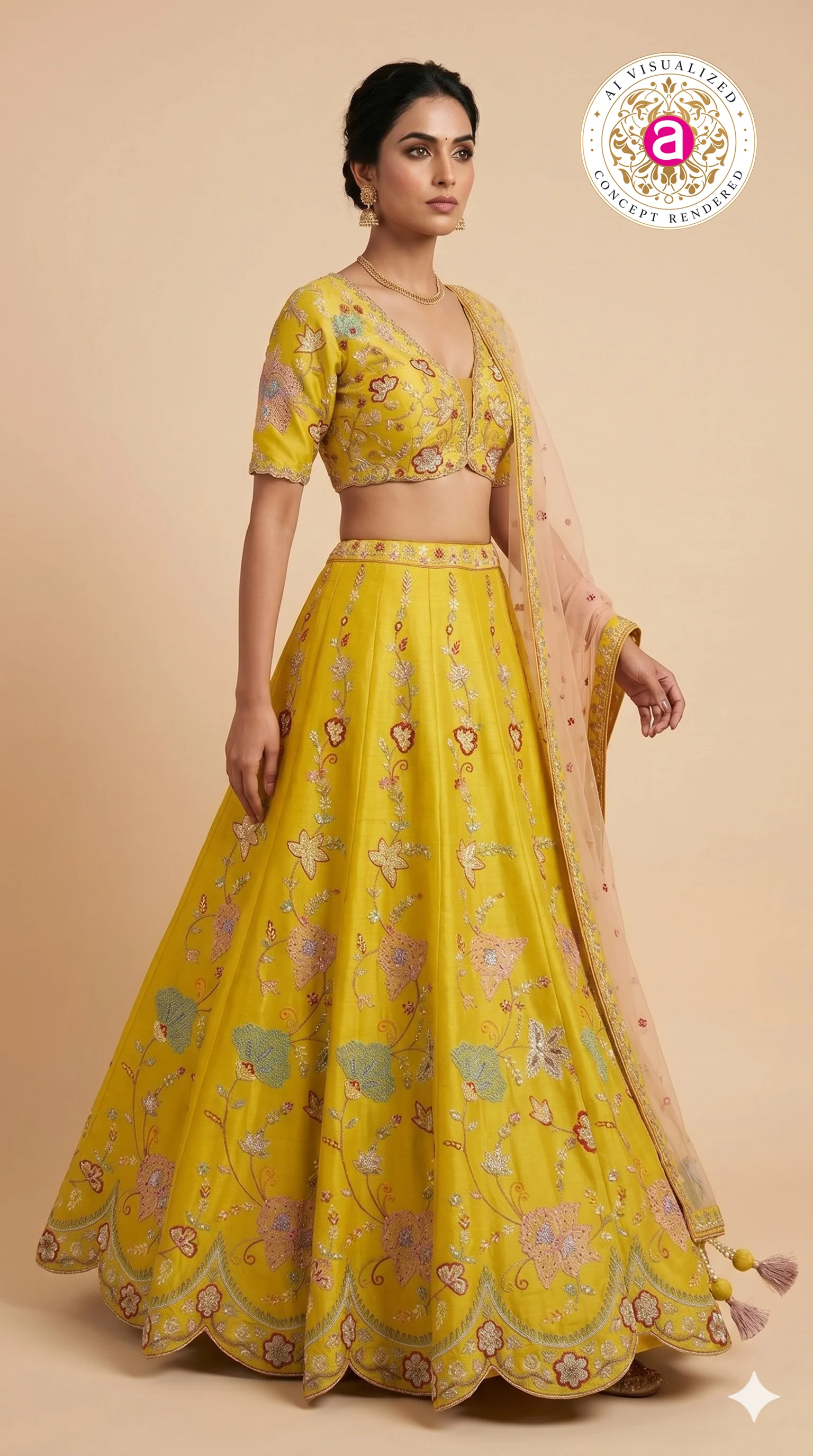 Mustard Yellow Floral Embroidered Designer Lehenga Choli with Net Dupatta - Image 4