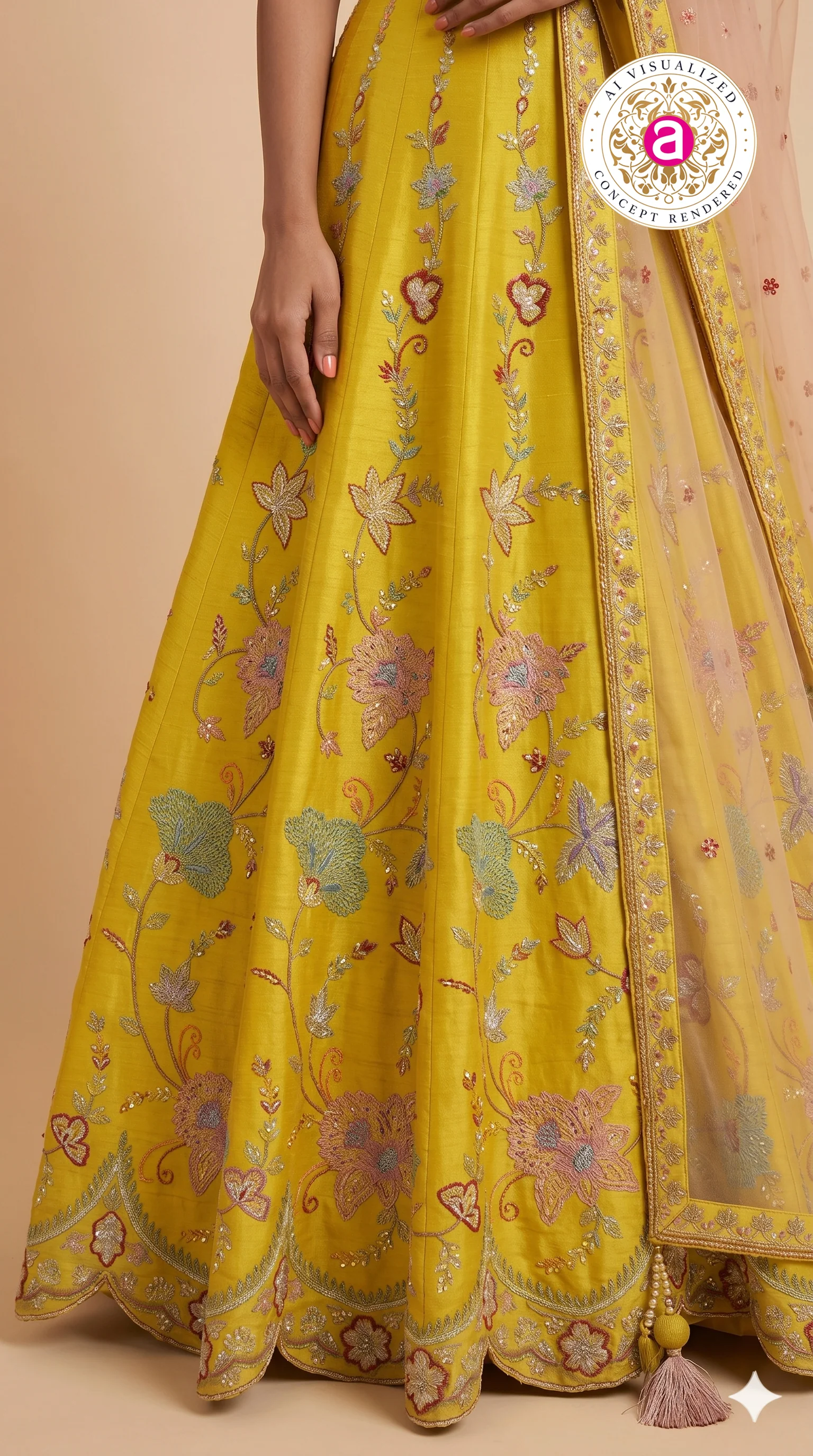 Mustard Yellow Floral Embroidered Designer Lehenga Choli with Net Dupatta - Image 5