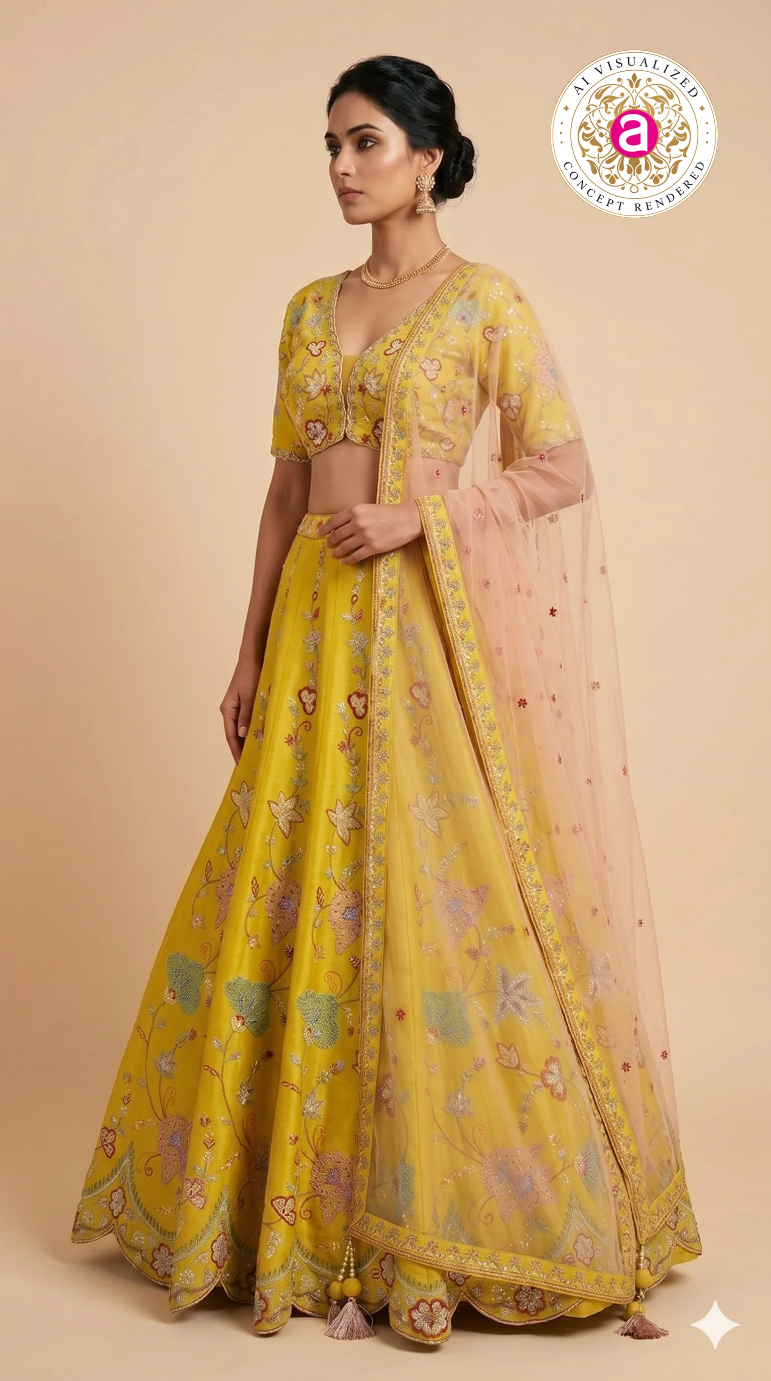 Mustard Yellow Floral Embroidered Designer Lehenga Choli with Net Dupatta - Image 6