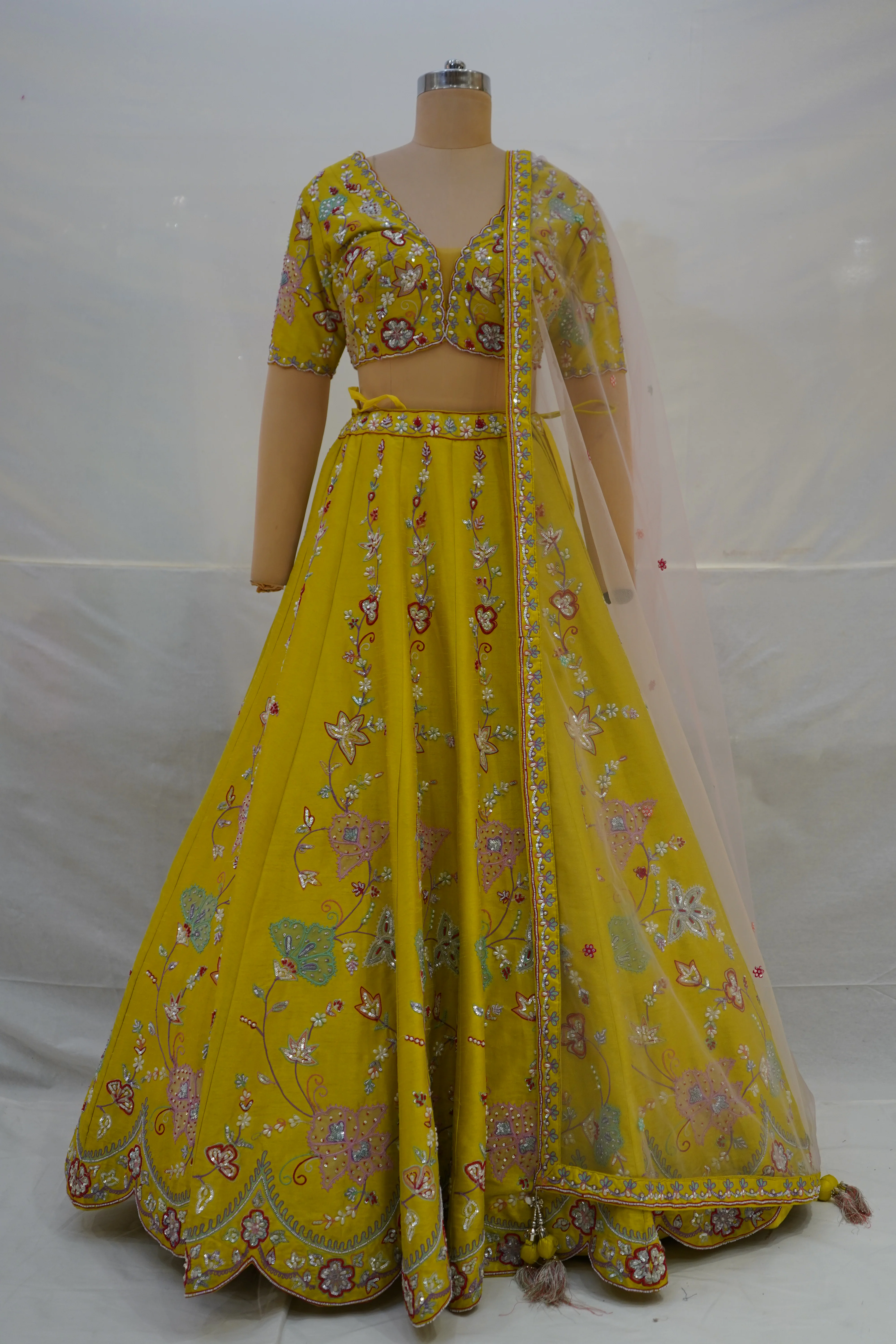 Mustard Yellow Floral Embroidered Designer Lehenga Choli with Net Dupatta - Image 7