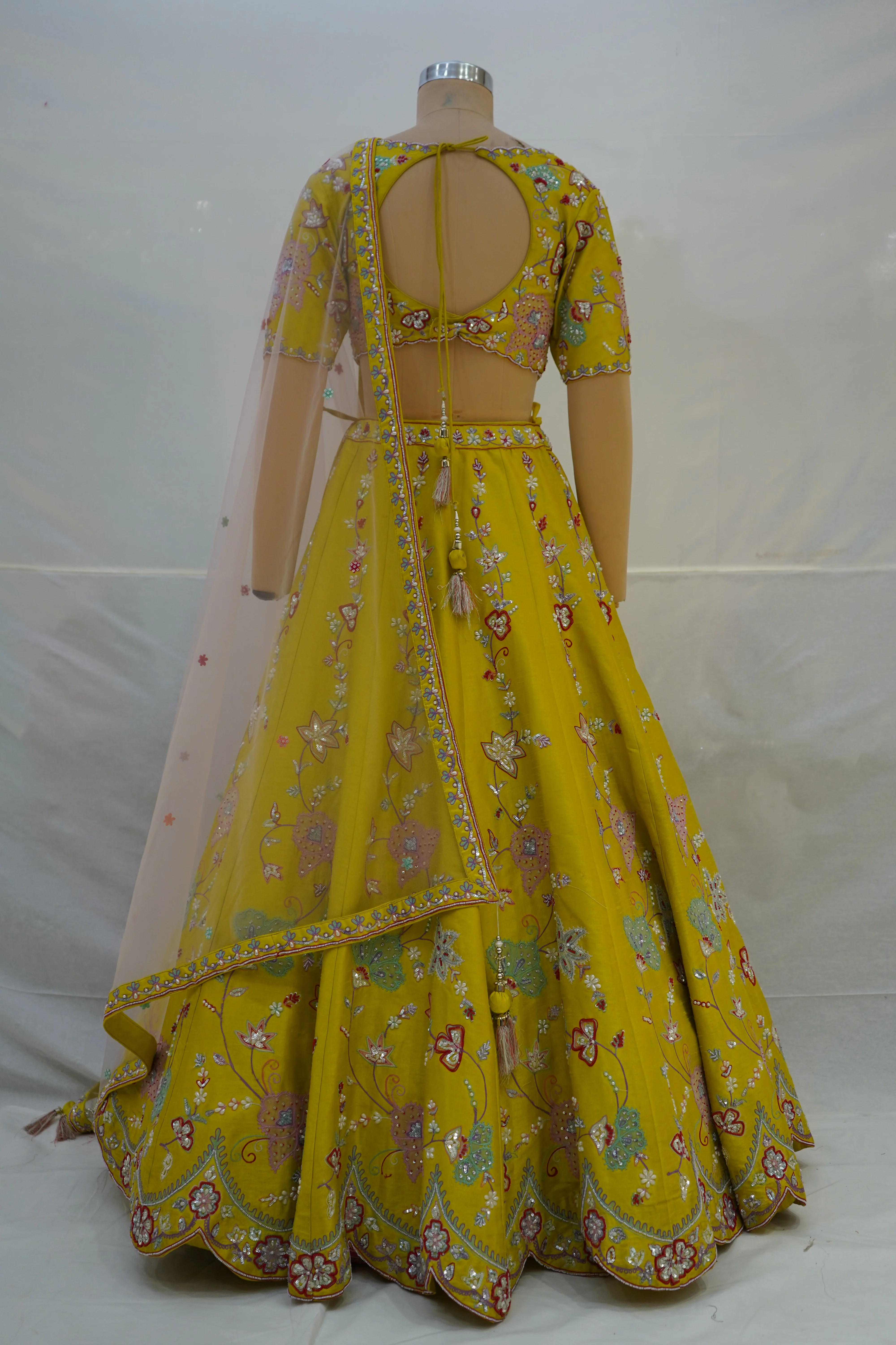 Mustard Yellow Floral Embroidered Designer Lehenga Choli with Net Dupatta - Image 8