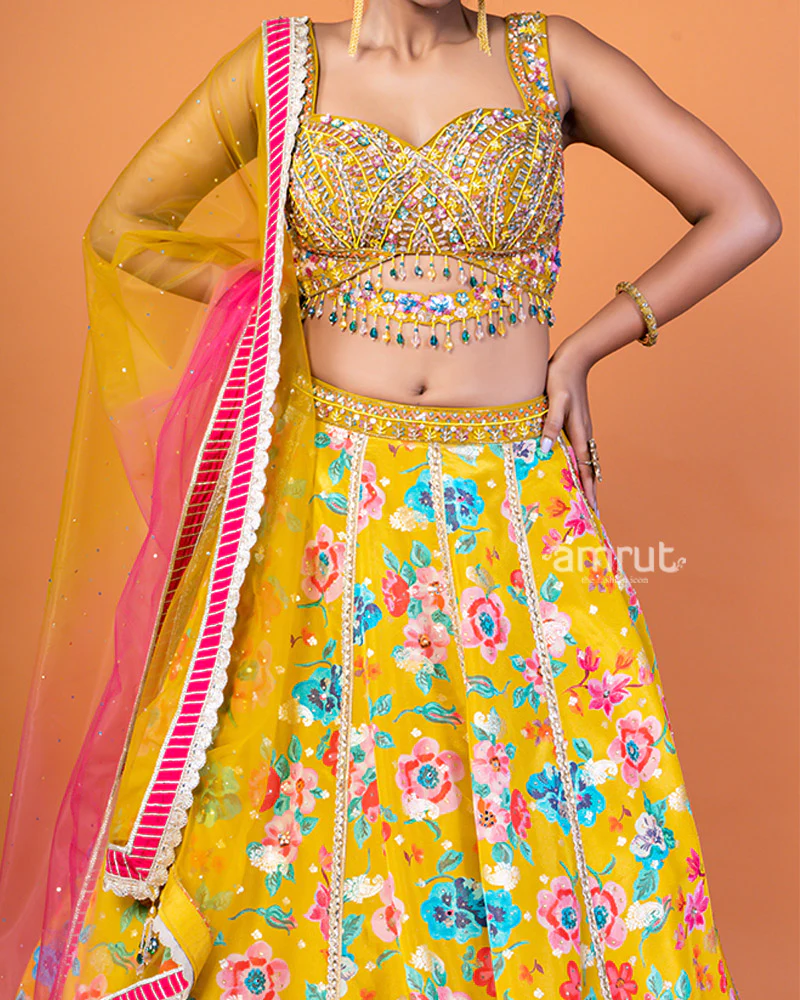 Mustard Yellow Floral Lehenga with Sequin-Embellished Choli and Sheer Dupatta - Image 3