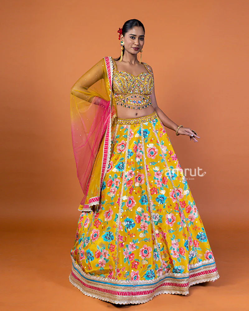 Mustard Yellow Floral Lehenga with Sequin-Embellished Choli and Sheer Dupatta - Image 4
