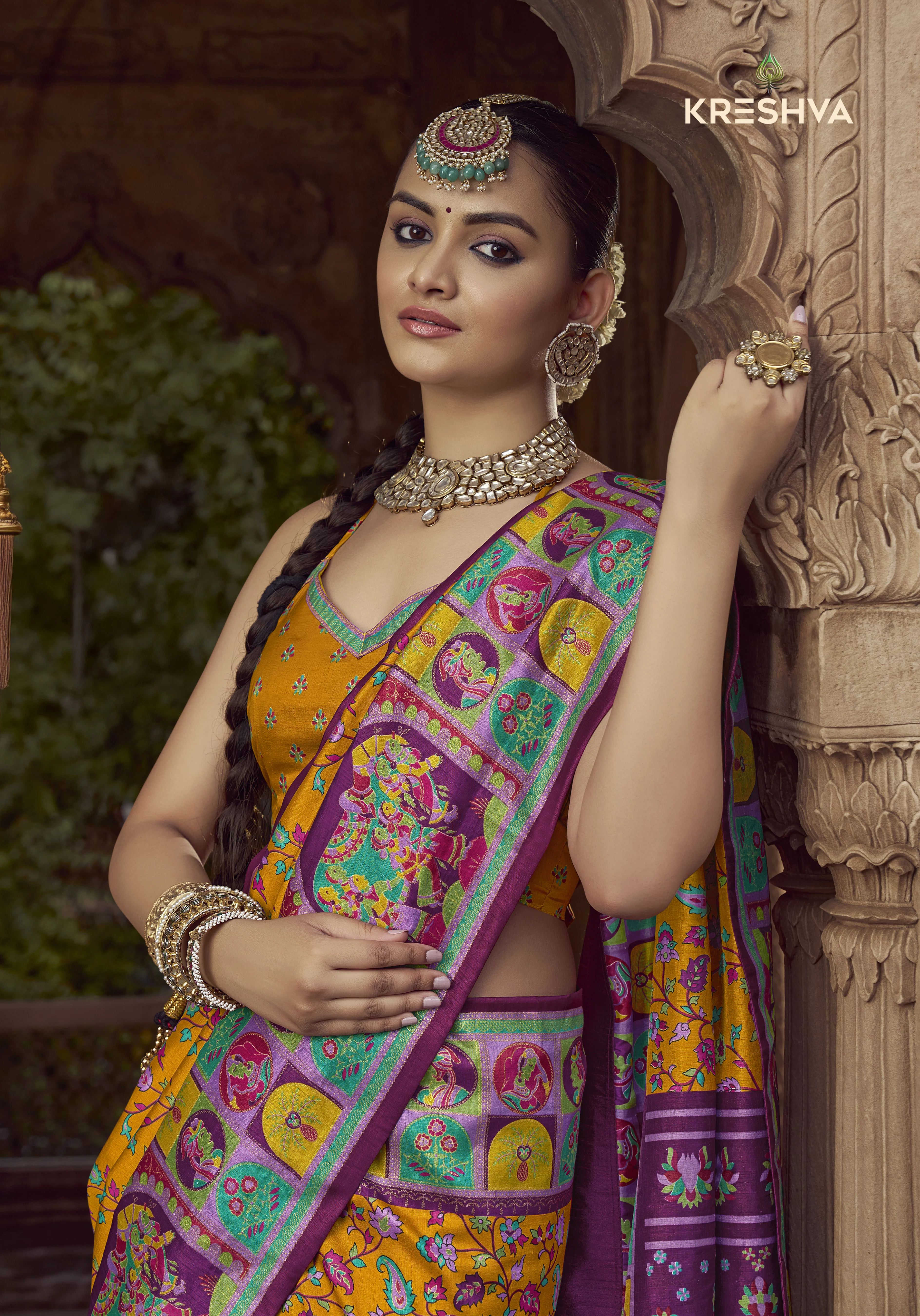 Mustard Yellow Heritage Pashmina Printed Saree with Purple Border & Folk Motifs - Image 2