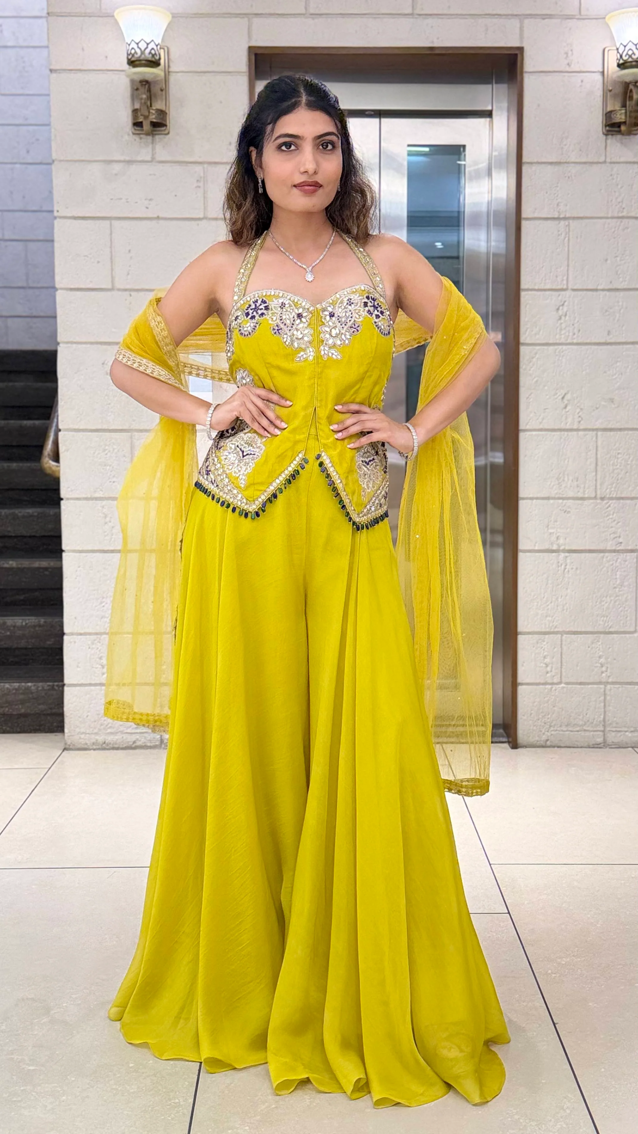 Mustard Yellow Indo-Western Palazzo Set with Embellished Corset Top & Dupatta - Image 3