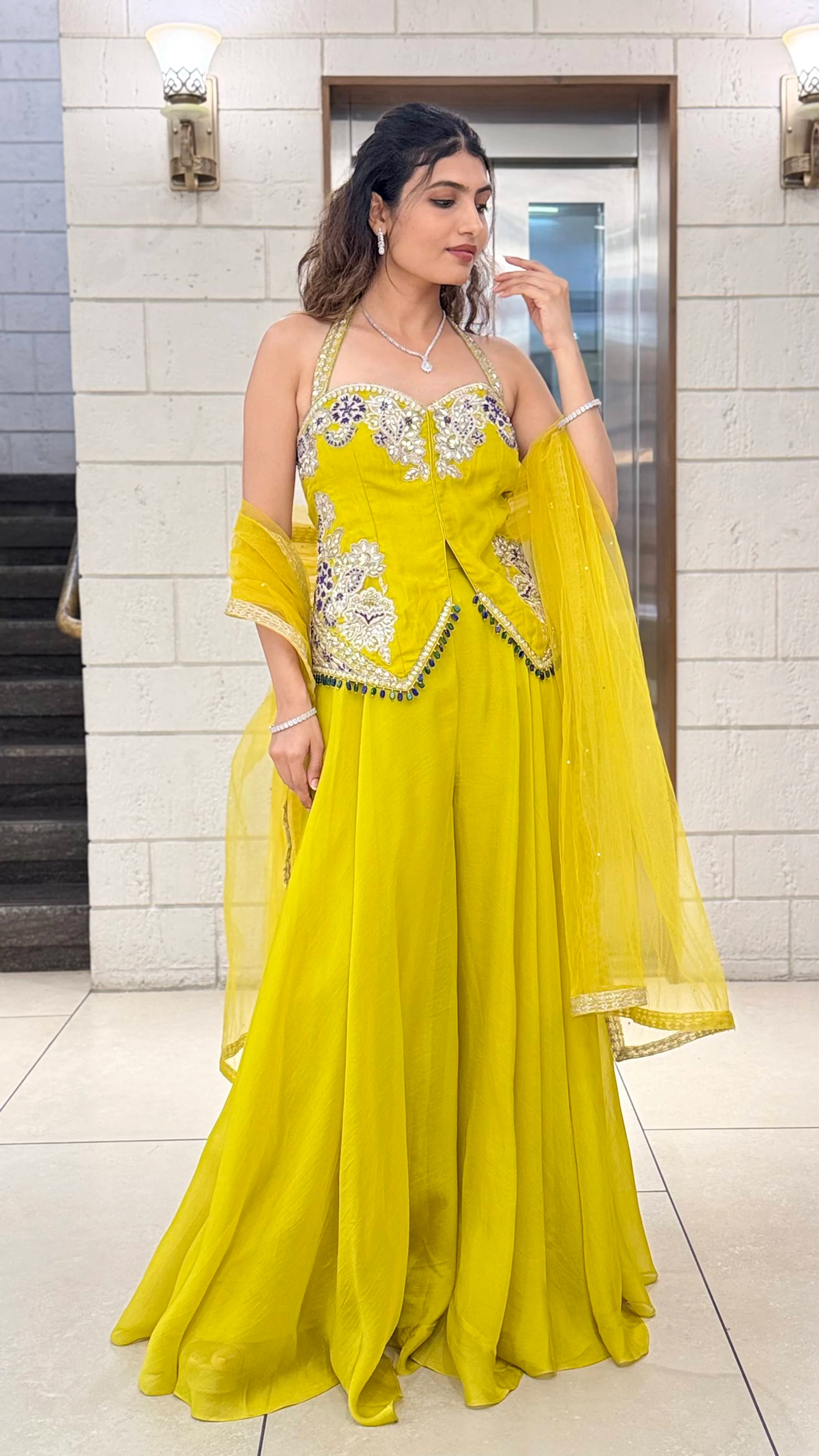 Mustard Yellow Indo-Western Palazzo Set with Embellished Corset Top & Dupatta - Image 4