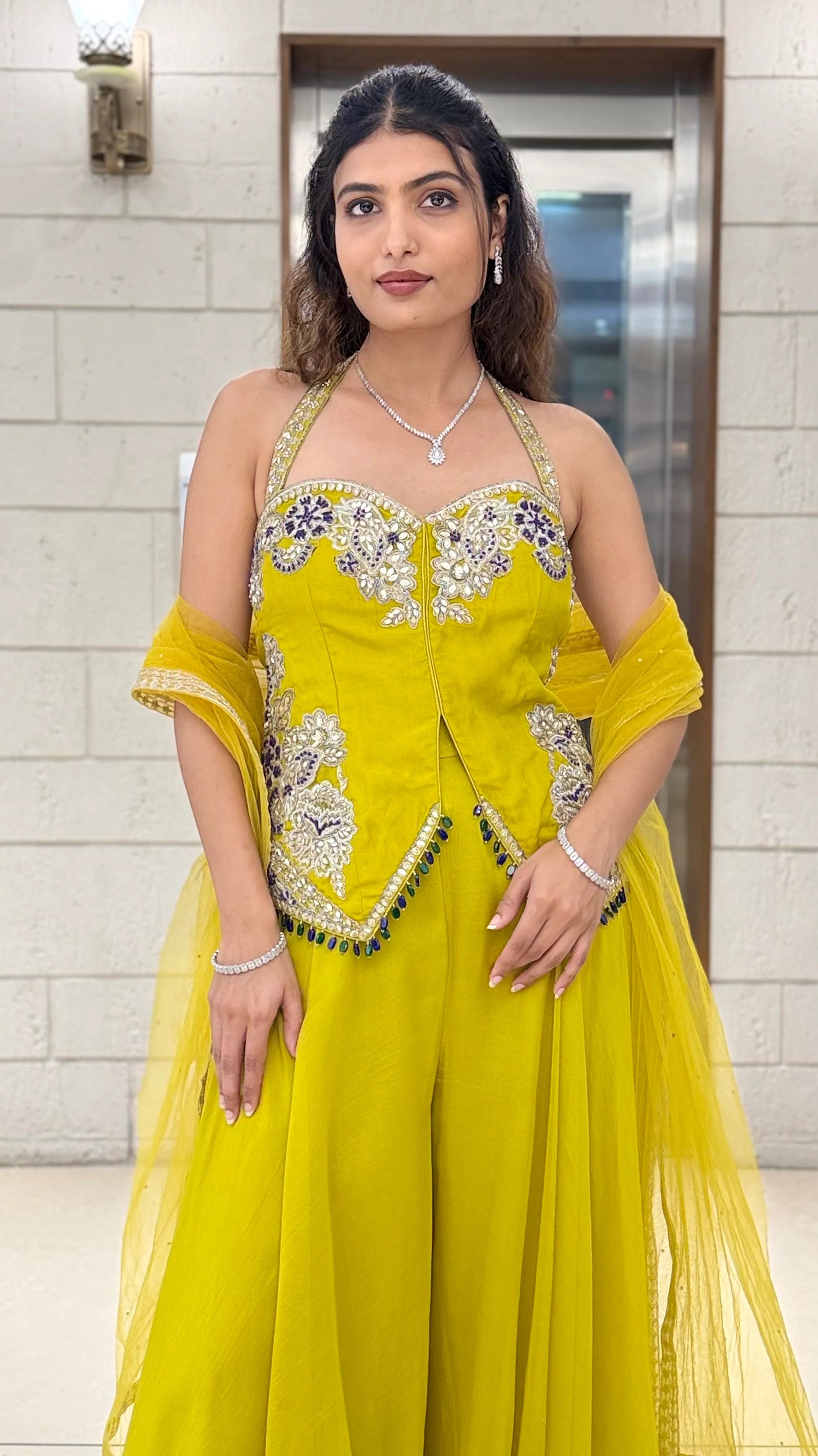Mustard Yellow Indo-Western Palazzo Set with Embellished Corset Top & Dupatta - Image 6