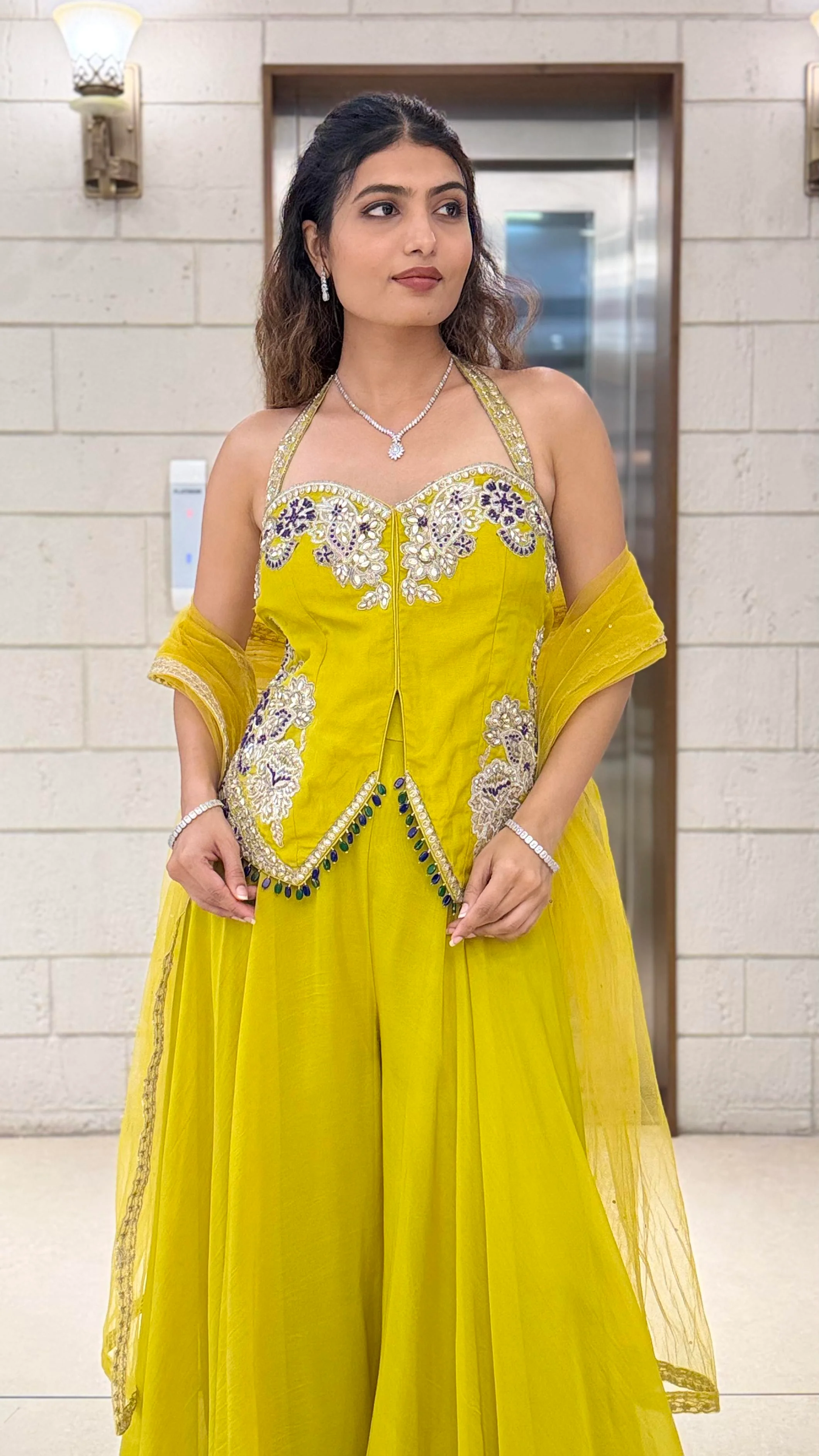 Mustard Yellow Indo-Western Palazzo Set with Embellished Corset Top & Dupatta - Image 7