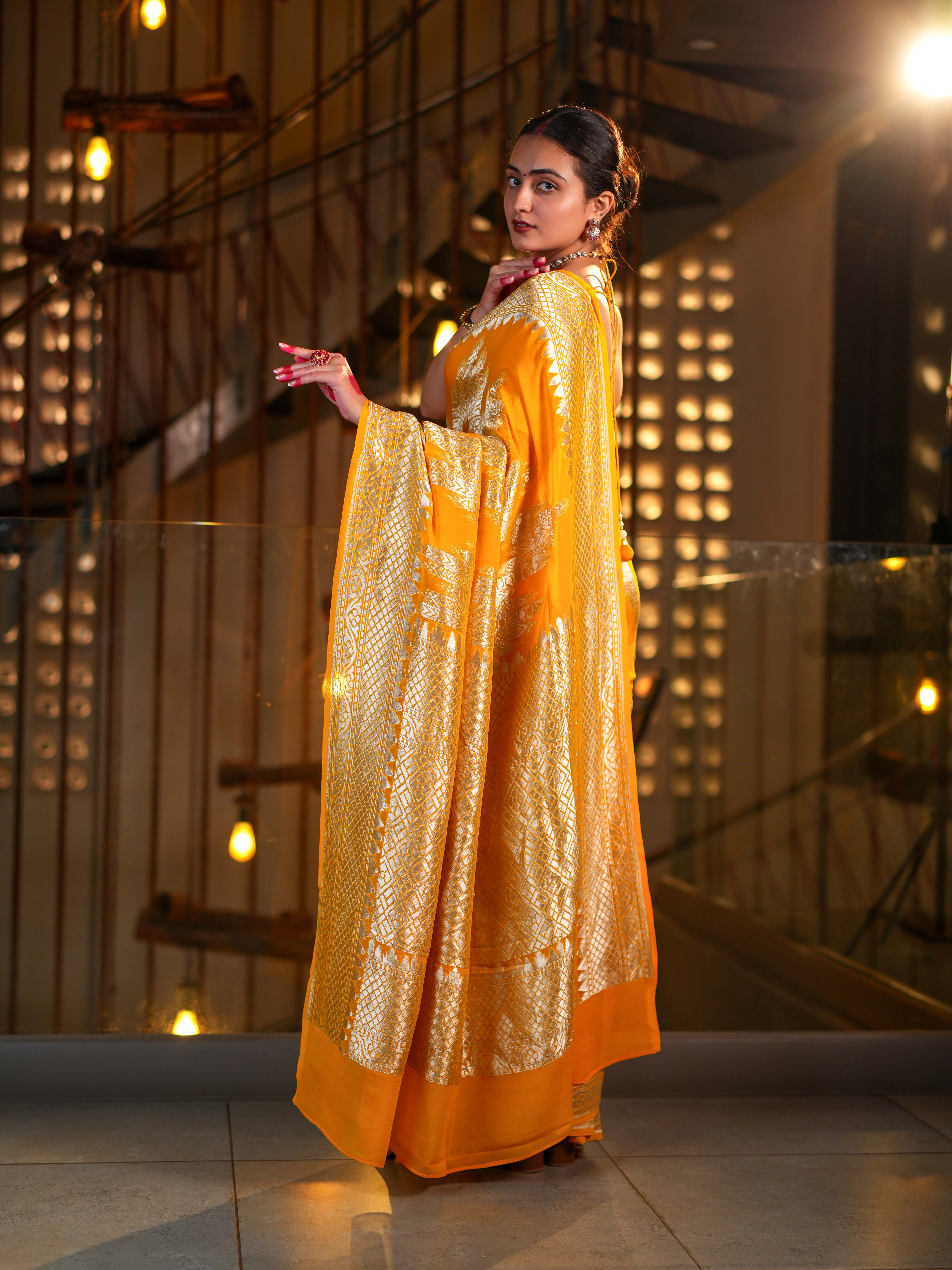 Mustard Yellow Khaddi Georgette Saree Silver Zari with Unstitched Blouse - Image 3